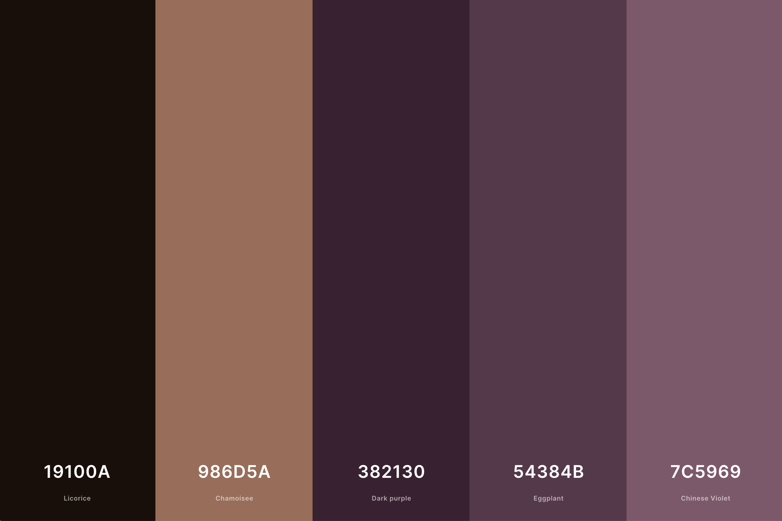 Brown and Purple Color Palette Color Palette Color Palette with Licorice (Hex #19100A) + Chamoisee (Hex #986D5A) + Dark Purple (Hex #382130) + Eggplant (Hex #54384B) + Chinese Violet (Hex #7C5969) Color Palette with Hex Codes