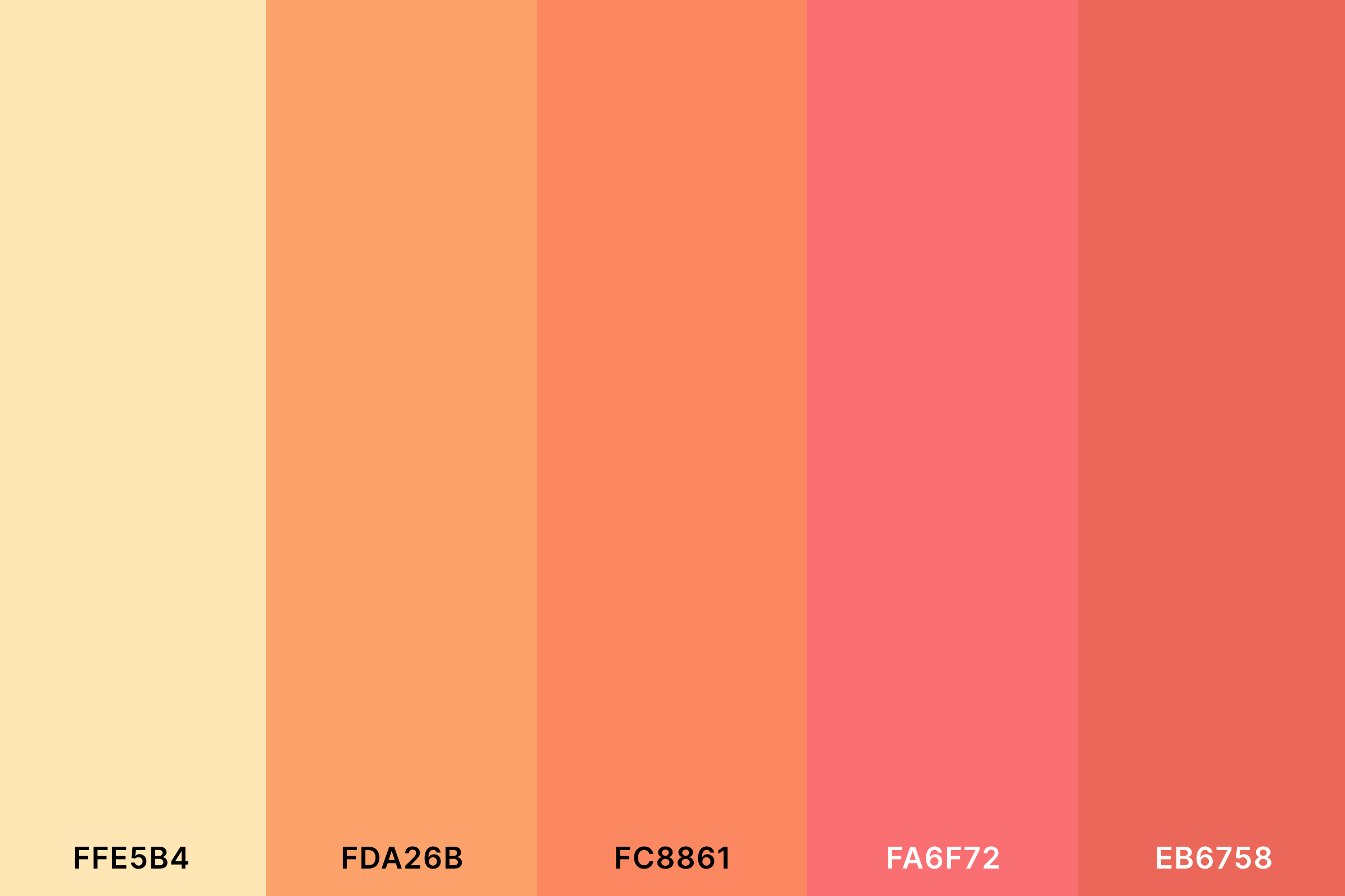 Coral Peach Color Palette with Peach (Hex #FFE5B4) + Atomic Tangerine (Hex #FDA26B) + Coral (Hex #FC8861) + Light Red (Hex #FA6F72) + Bittersweet (Hex #EB6758) Color Palette with Hex Codes