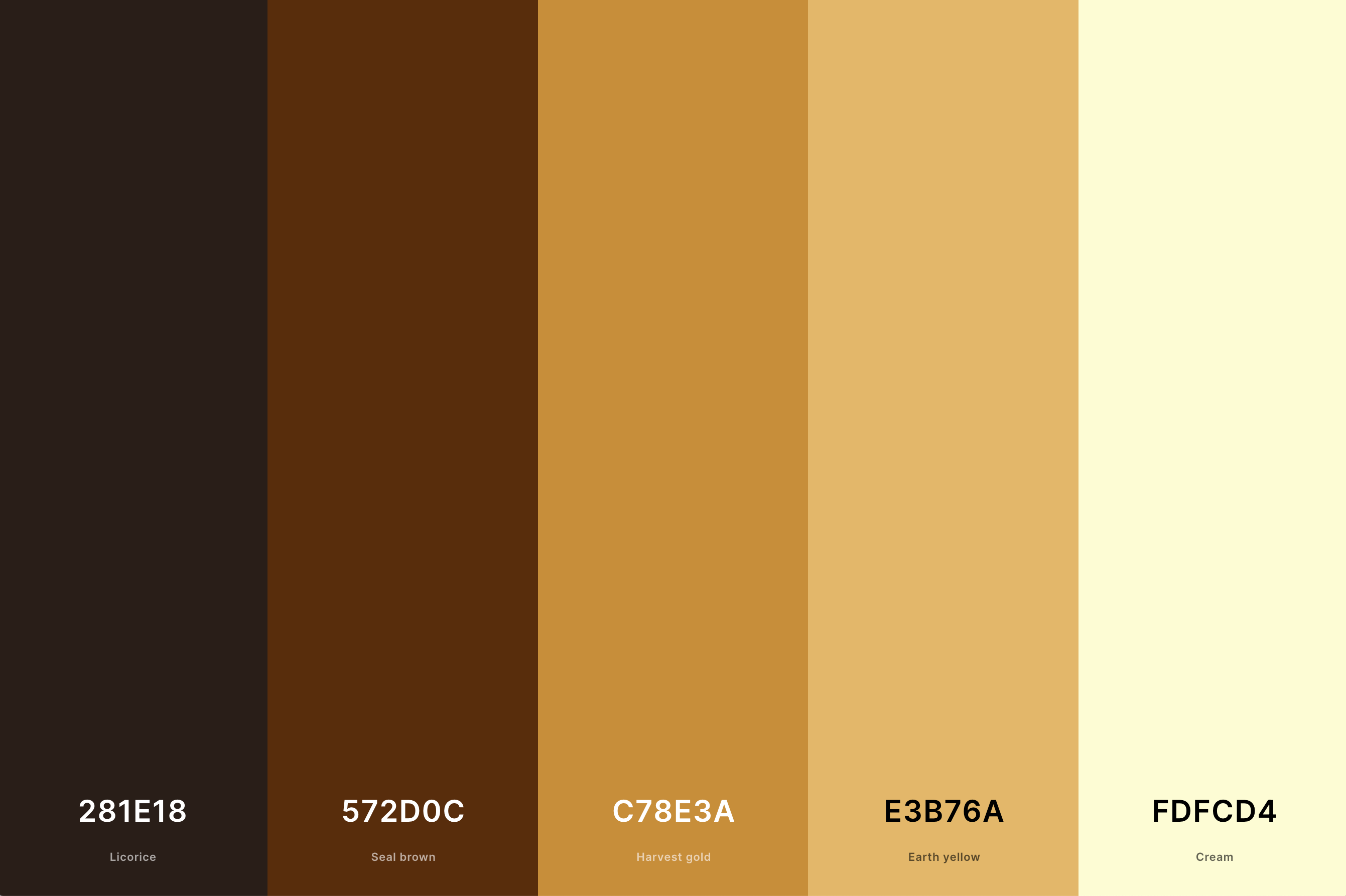 Dark Brown & Gold Color Palette Color Palette with Licorice (Hex #281E18) + Seal Brown (Hex #572D0C) + Harvest Gold (Hex #C78E3A) + Earth Yellow (Hex #E3B76A) + Cream (Hex #FDFCD4) Color Palette with Hex Codes