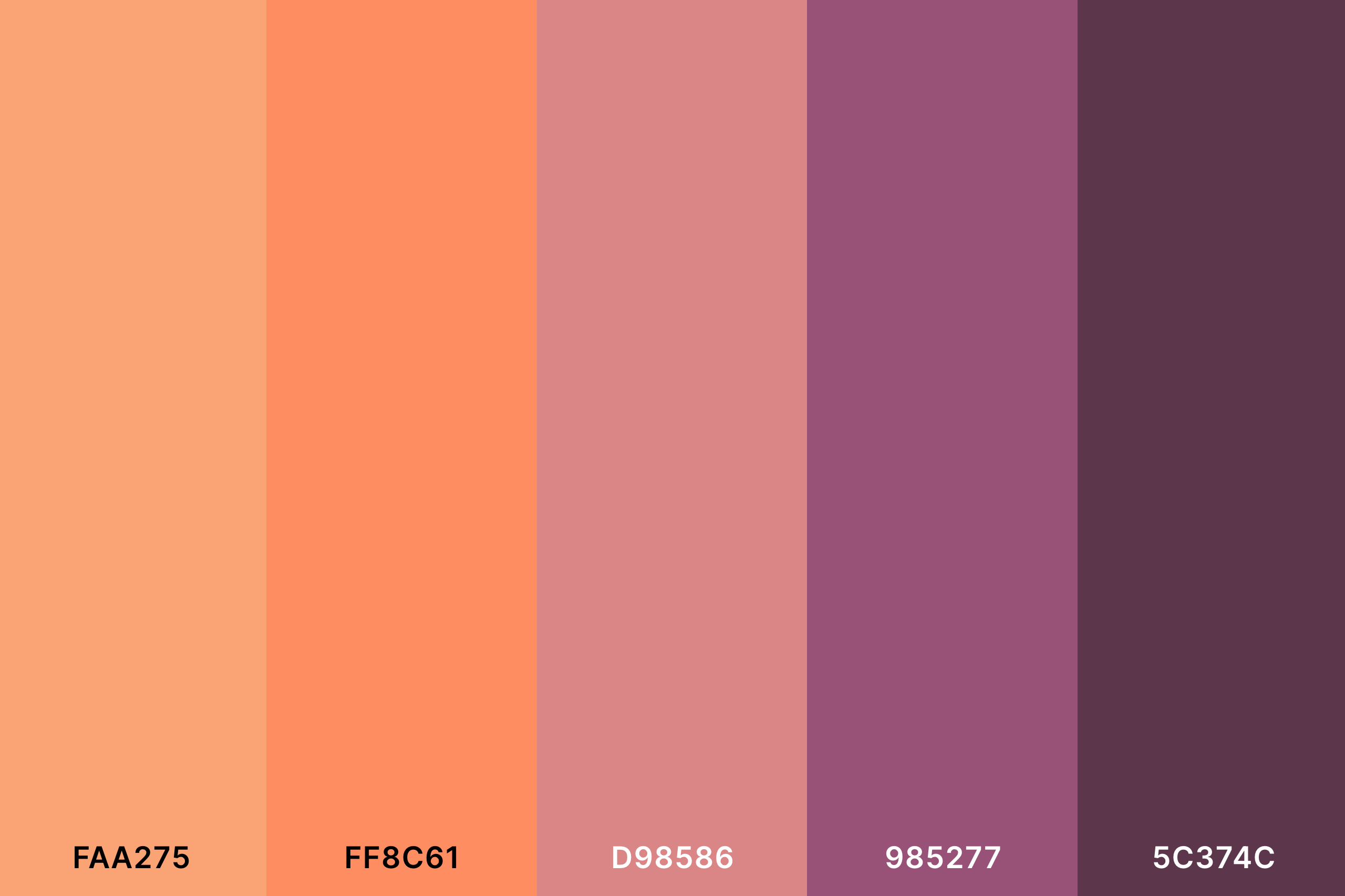 Dark Peach Color Palette with Atomic Tangerine (Hex #FAA275) + Coral (Hex #FF8C61) + Dark Peach (Hex #D98586) + Magenta Haze (Hex #985277) + Eggplant (Hex #5C374C) Color Palette with Hex Codes