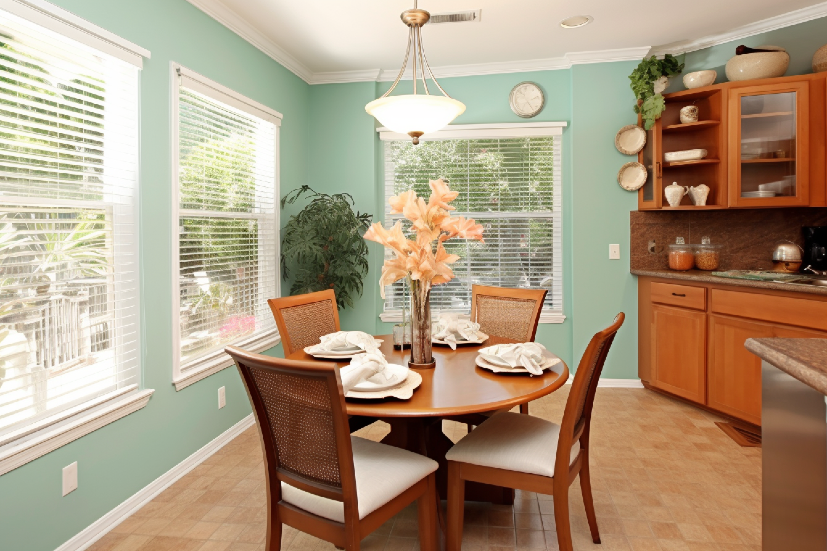 Image displaying a charming breakfast nook with pecan brown wooden furniture against refreshing mint green walls.