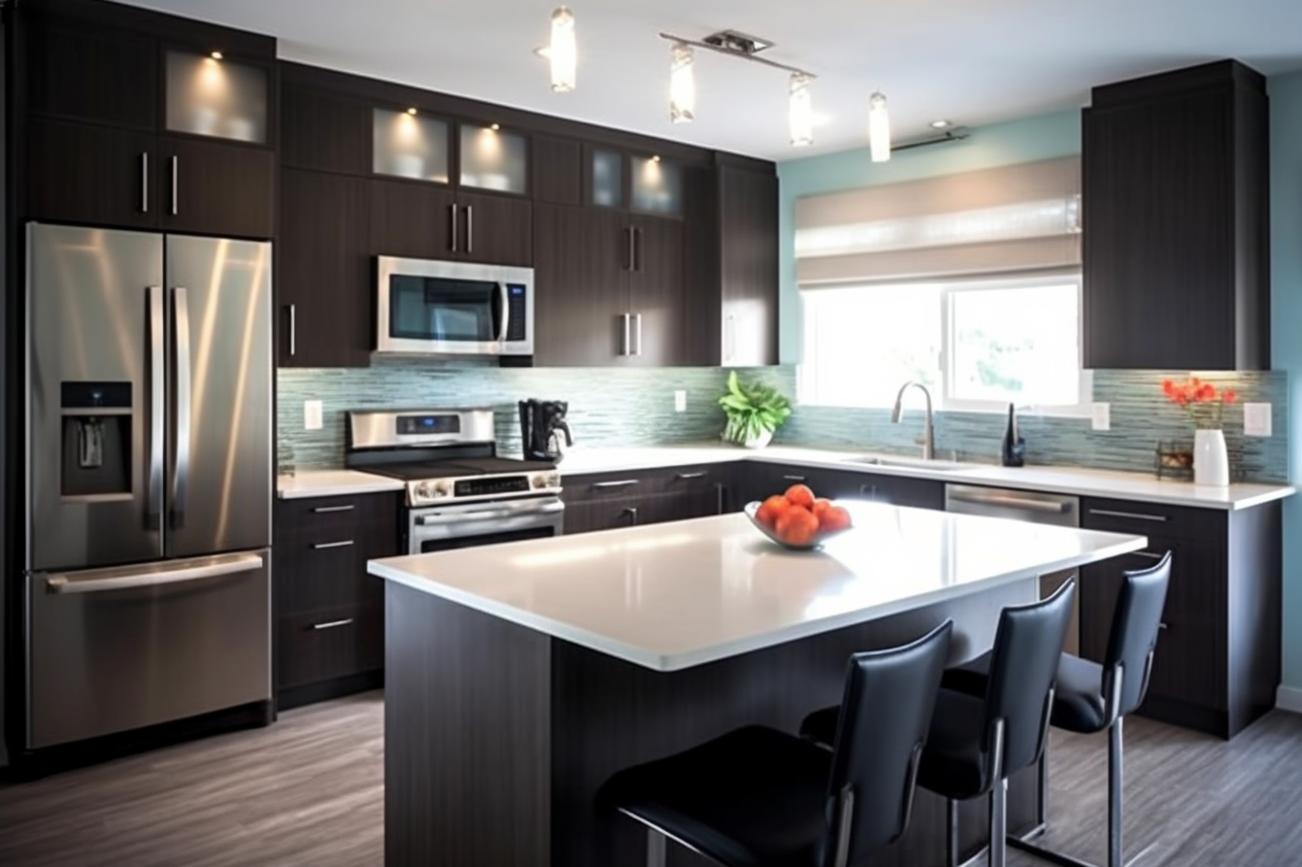 Image displaying a contemporary kitchen with espresso dark brown cabinets and pearl grey backsplash and countertops.