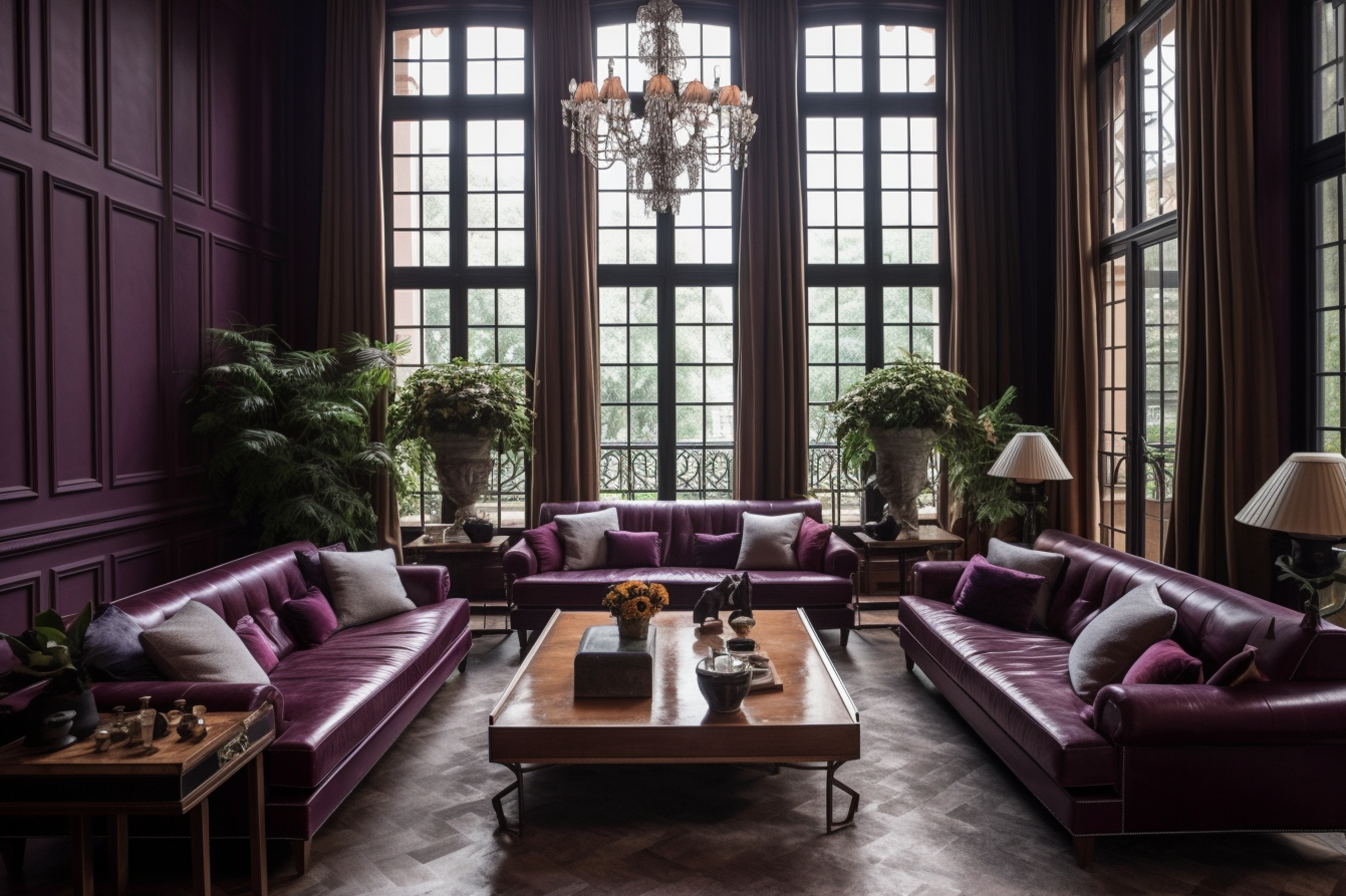 Image displaying a plush living room with walnut brown leather sofas adorned with plum purple cushions.