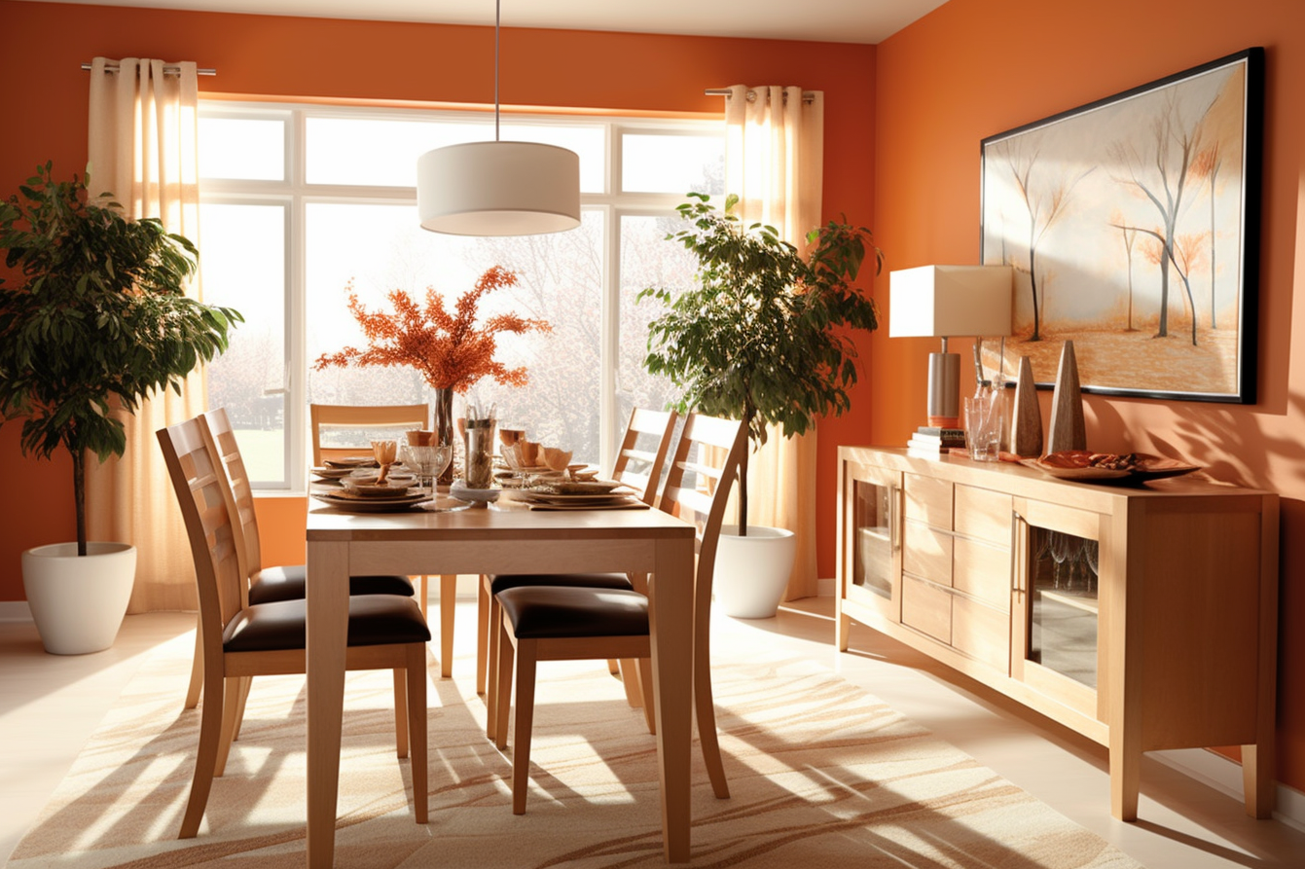 Image featuring a dining room with caramel brown wooden furniture and sunset orange table decorations.