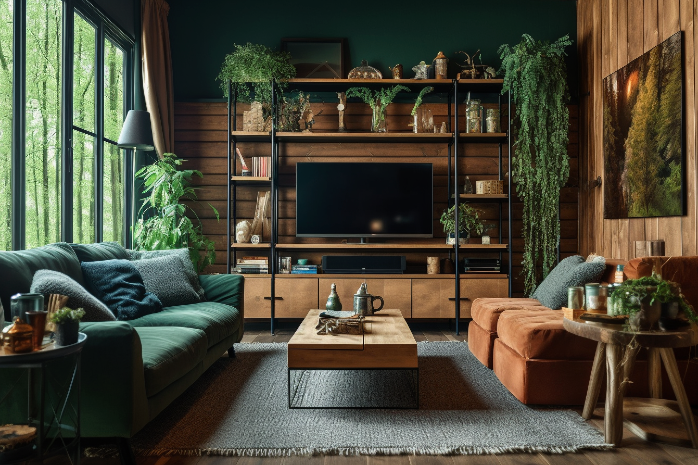 Image of a woodland-inspired living room featuring rustic chestnut furniture against deep forest green painted walls.