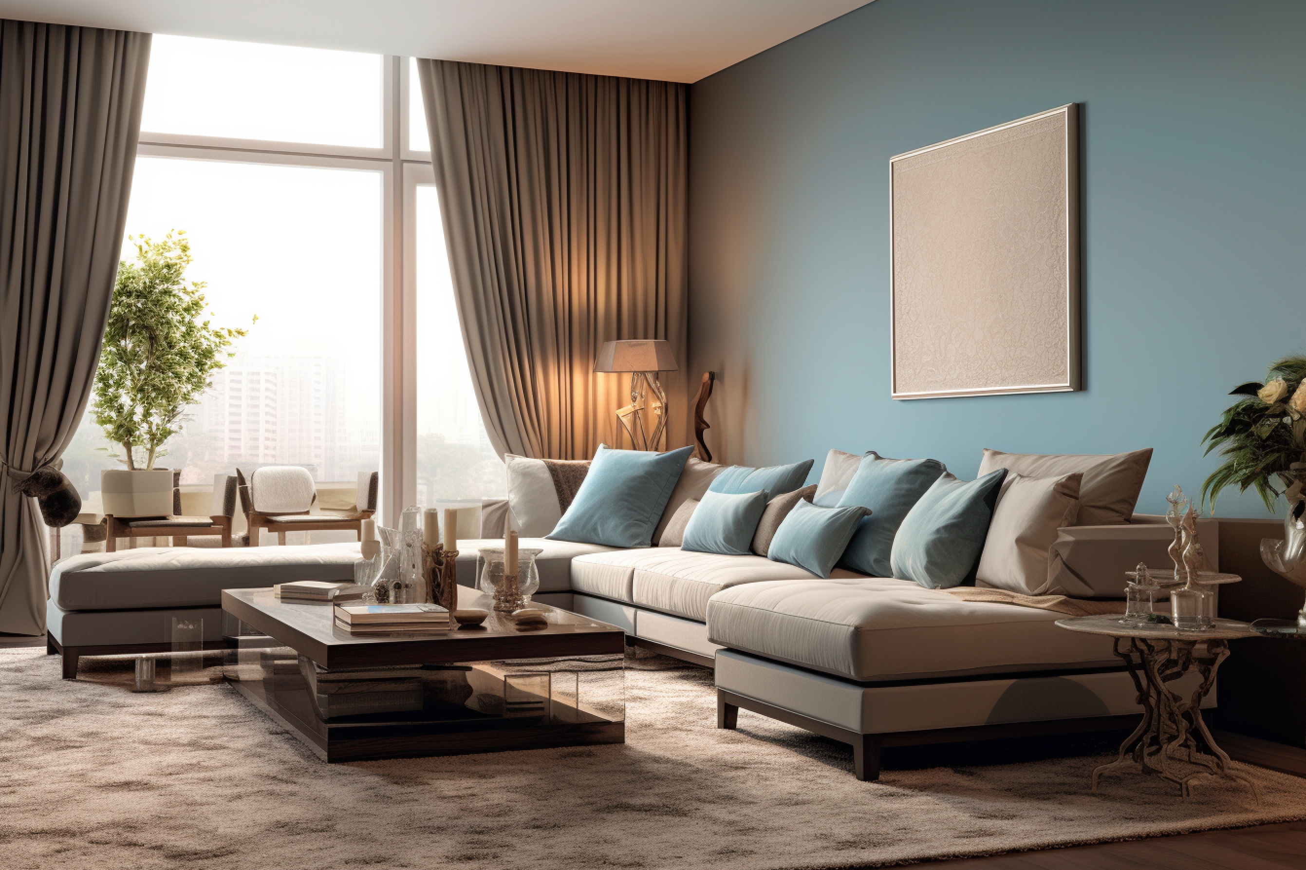 Image of an elegant living room with a brown aesthetic and touches of pale blue in cushions, rugs, and wall art.
