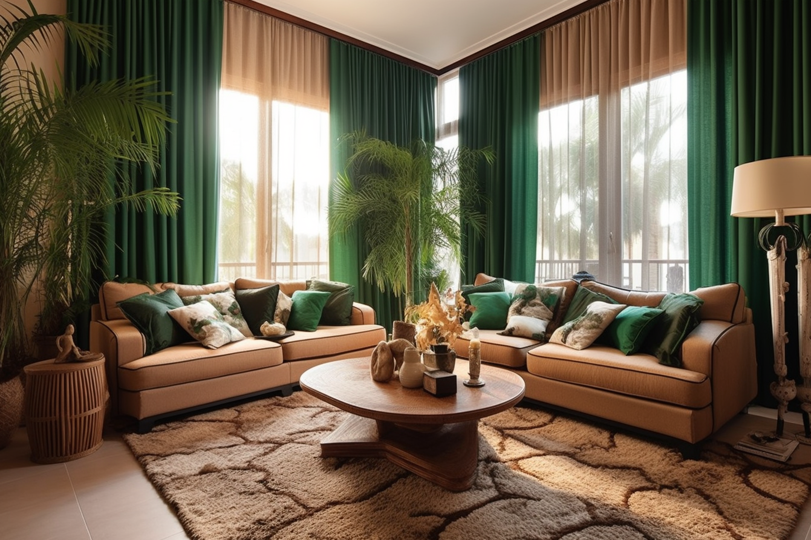 Image of an exotic living room with sandy brown furniture and vibrant emerald green curtains and pillows.