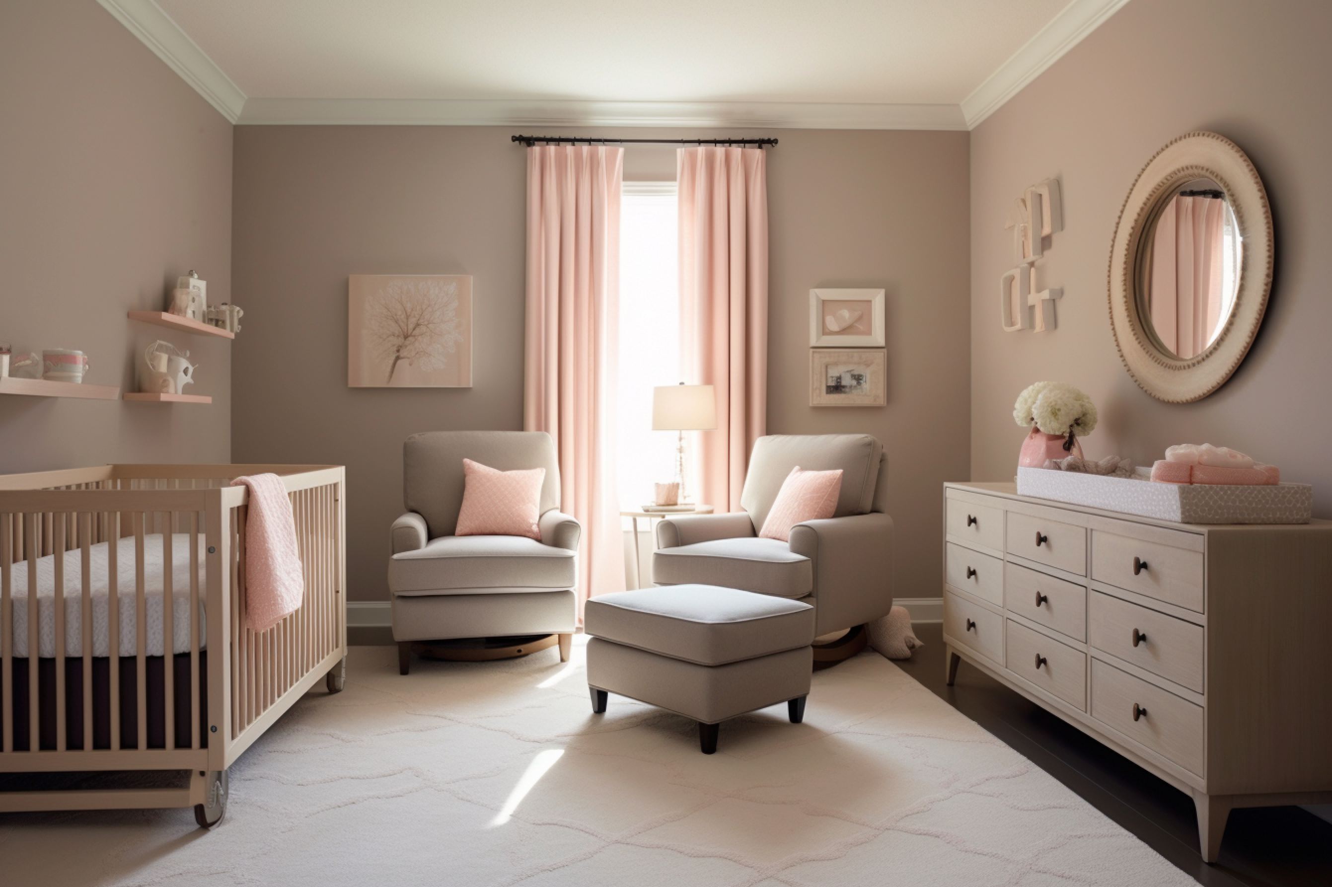 Image showcasing a nursery room with taupe brown furniture accentuated by pastel pink accessories and wall decor.