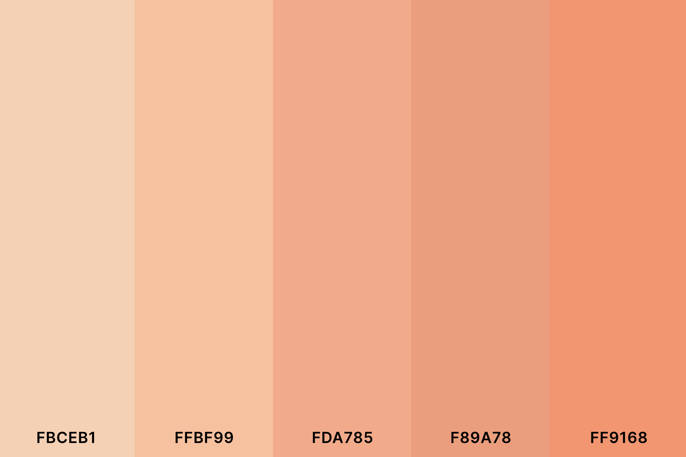 Light Peach Color Palette with Apricot (Hex #FBCEB1) + Peach (Hex #FFBF99) + Atomic Tangerine (Hex #FDA785) + Atomic Tangerine (Hex #F89A78) + Atomic Tangerine (Hex #FF9168) Color Palette with Hex Codes