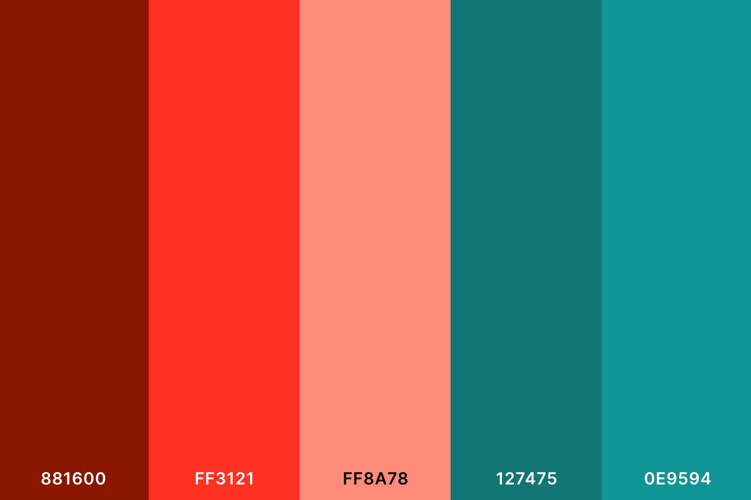Neon Peach Color Palette with Dark Red (Hex #881600) + Neon Peach (Hex #FF3121) + Salmon (Hex #FF8A78) + Caribbean Current (Hex #127475) + Dark Cyan (Hex #0E9594) Color Palette with Hex Codes