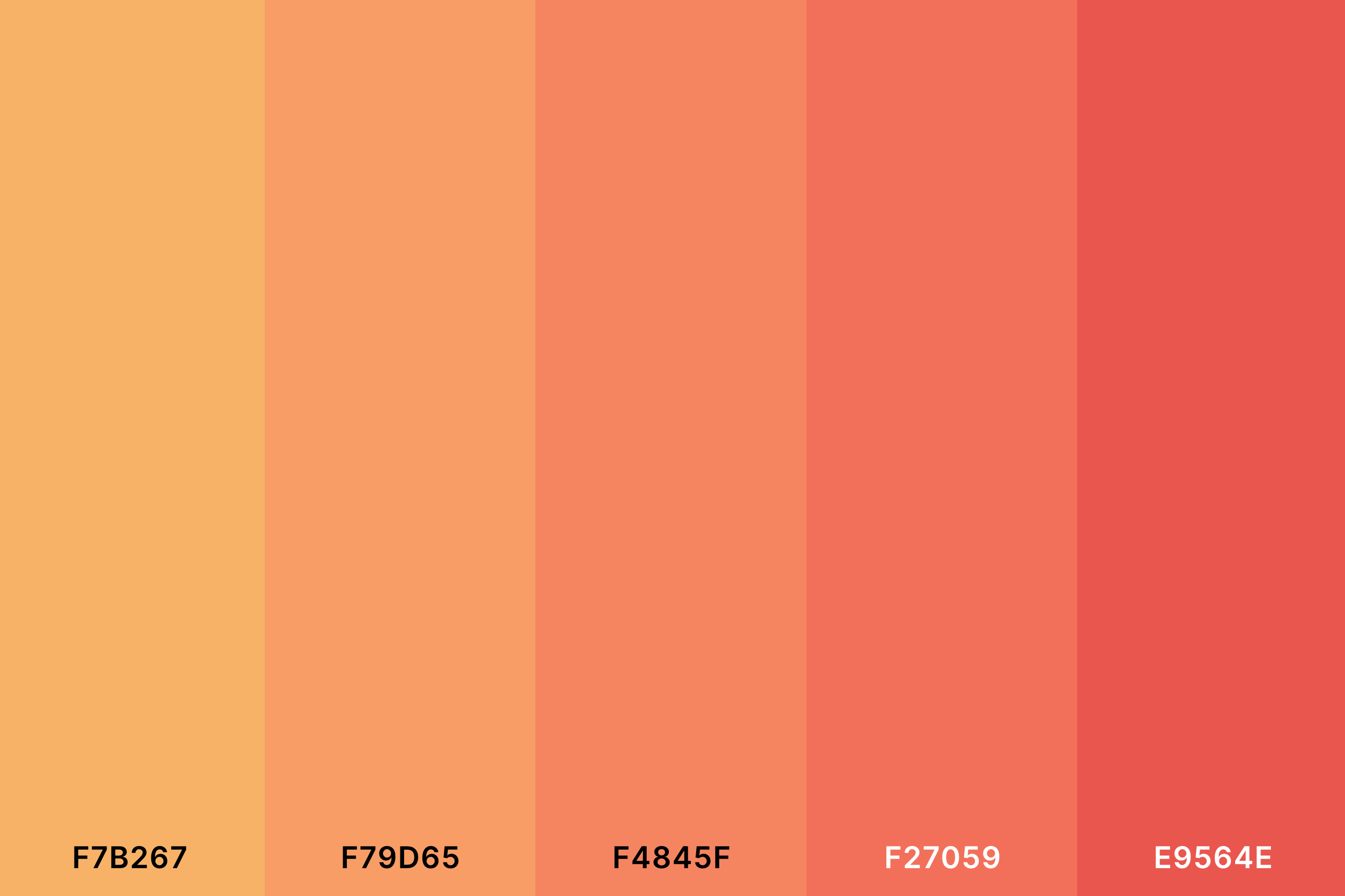 Orange Peach Color Palette with Fawn (Hex #F7B267) + Atomic Tangerine (Hex #F79D65) + Coral (Hex #F4845F) + Bittersweet (Hex #F27059) + Vermilion (Hex #E9564E) Color Palette with Hex Codes