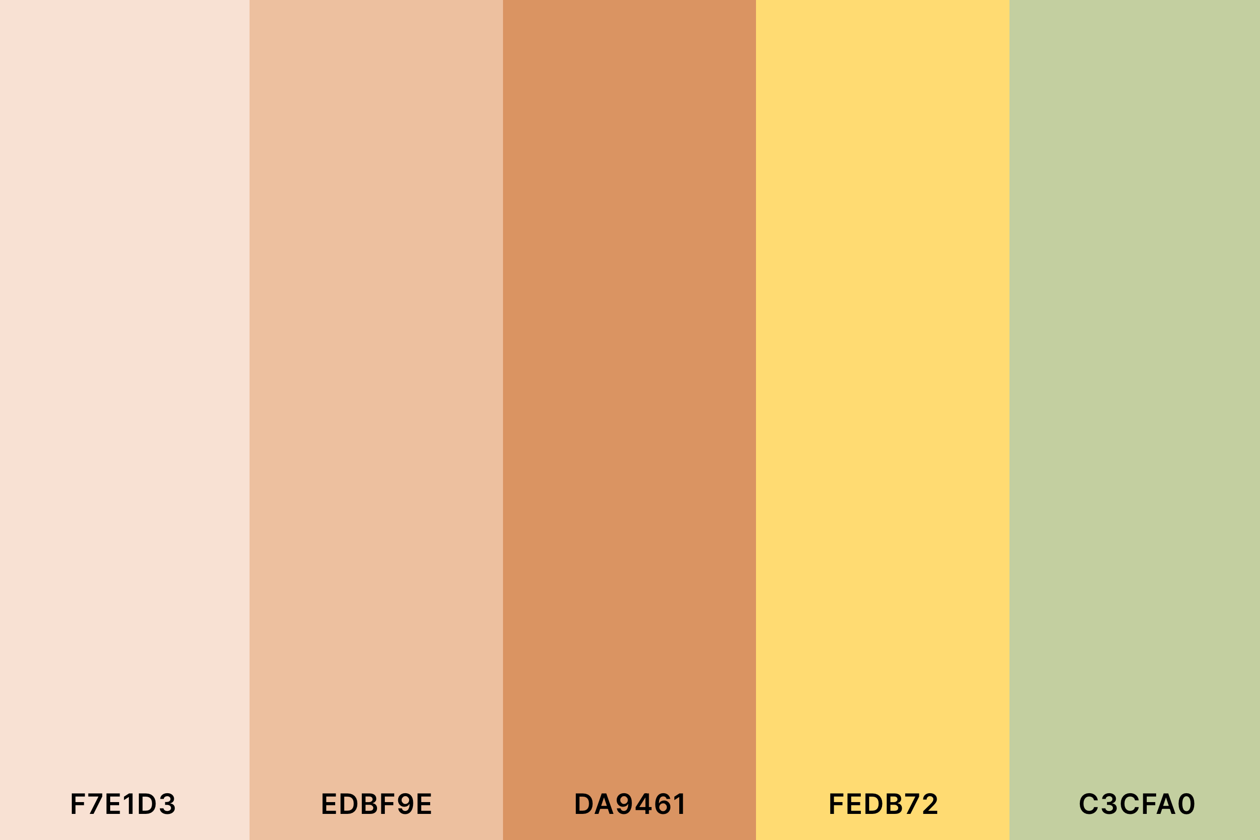 Pale Peach Color Palette with Champagne Pink (Hex #F7E1D3) + Desert Sand (Hex #EDBF9E) + Persian Orange (Hex #DA9461) + Jasmine (Hex #FEDB72) + Sage (Hex #C3CFA0) Color Palette with Hex Codes