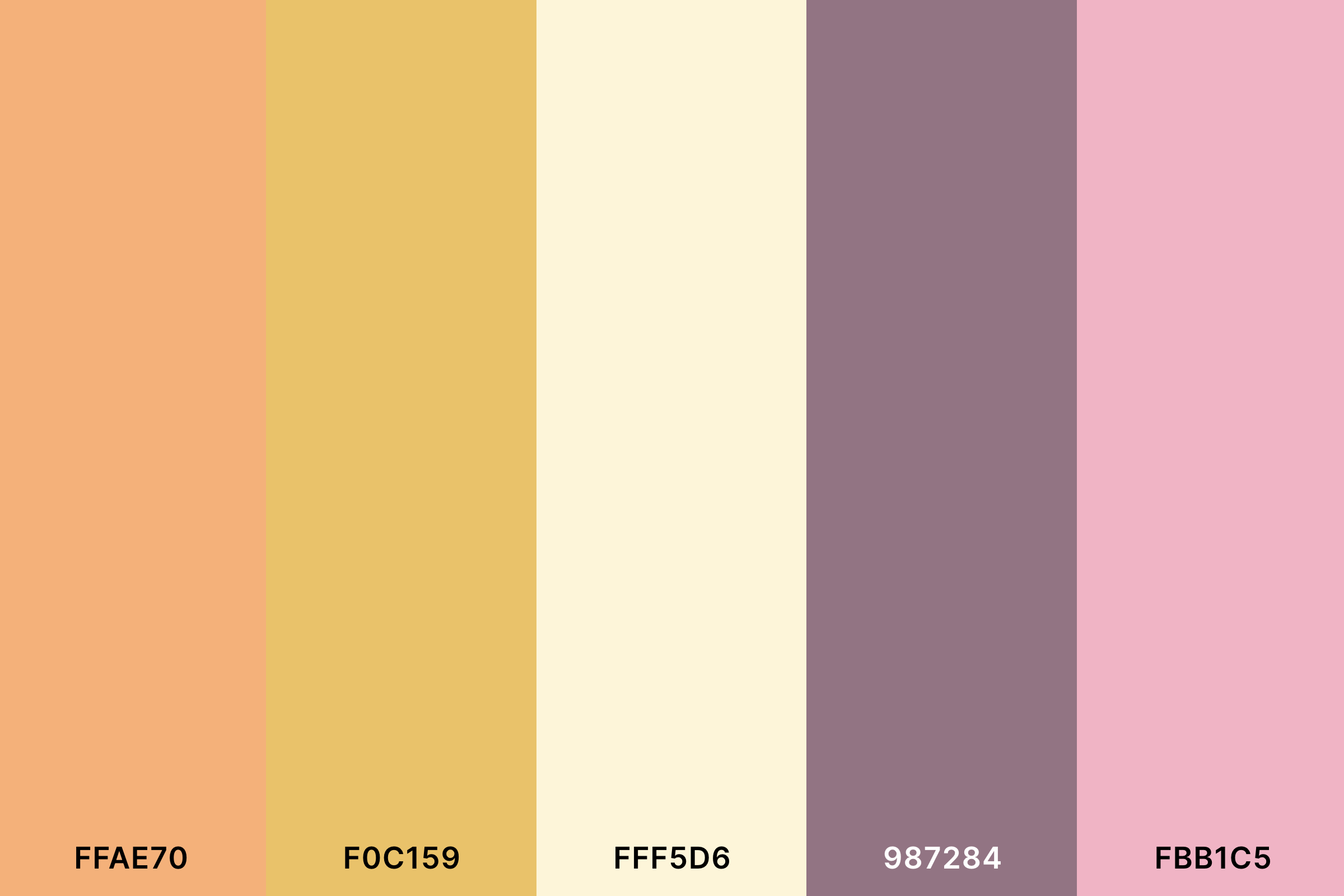 Pastel Peach Color Palette with Sandy Brown (Hex #FFAE70) + Saffron (Hex #F0C159) + Cornsilk (Hex #FFF5D6) + Mountbatten Pink (Hex #987284) + Cherry Blossom Pink (Hex #FBB1C5) Color Palette with Hex Codes