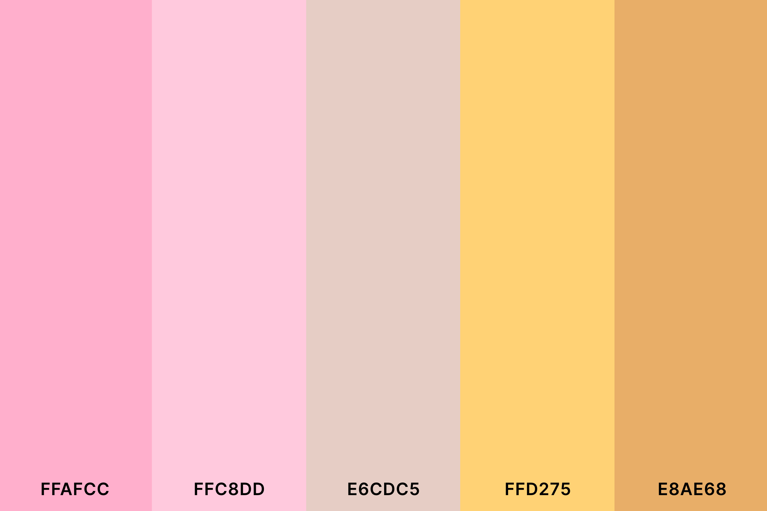 Peach Blush Color Palette with Carnation Pink (Hex #FFAFCC) + Fairy Tale (Hex #FFC8DD) + Peach Blush (Hex #E6CDC5) + Jasmine (Hex #FFD275) + Earth Yellow (Hex #E8AE68) Color Palette with Hex Codes