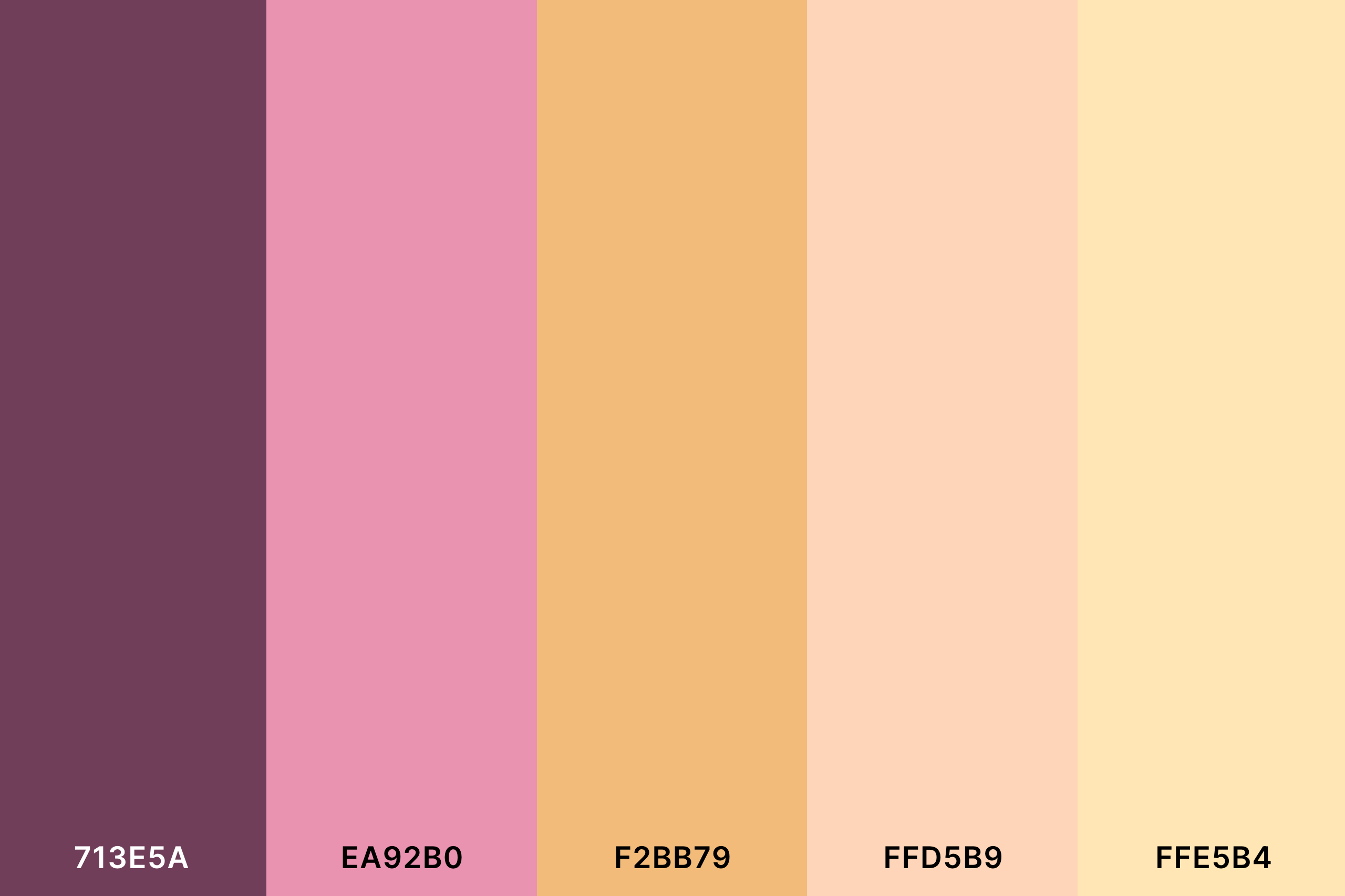 Peach Pink Color Palette with Eggplant (Hex #713E5A) + Amaranth Pink (Hex #EA92B0) + Fawn (Hex #F2BB79) + Apricot (Hex #FFD5B9) + Peach (Hex #FFE5B4) Color Palette with Hex Codes