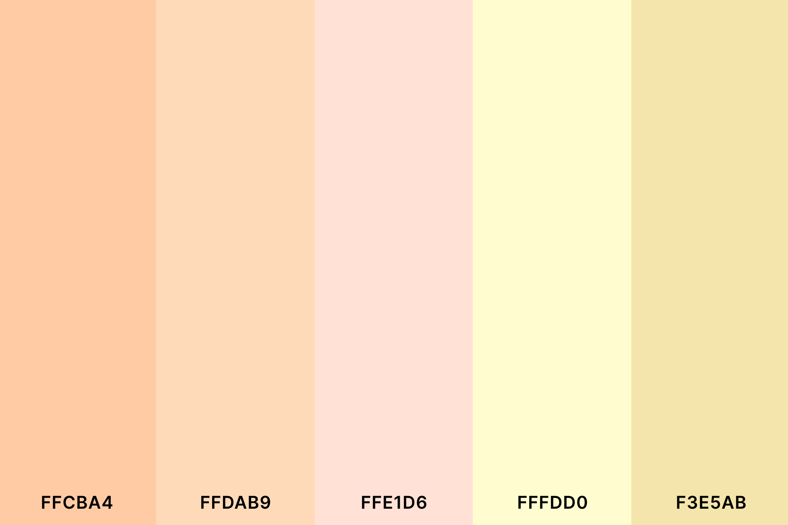 Peach and Cream Color Palette with Peach (Hex #FFCBA4) + Light Orange (Hex #FFDAB9) + Misty Rose (Hex #FFE1D6) + Cream (Hex #FFFDD0) + Vanilla (Hex #F3E5AB) Color Palette with Hex Codes