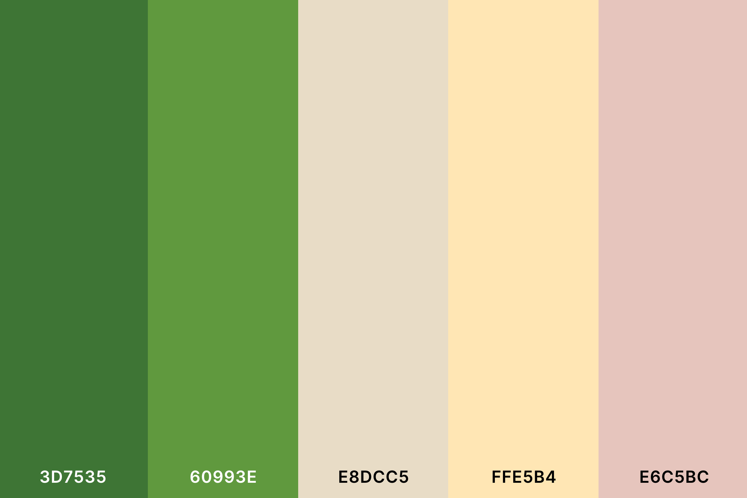 Peach and Green Color Palette with Fern Green (Hex #3D7535) + Asparagus (Hex #60993E) + Pearl (Hex #E8DCC5) + Peach (Hex #FFE5B4) + Pale Dogwood (Hex #E6C5BC) Color Palette with Hex Codes