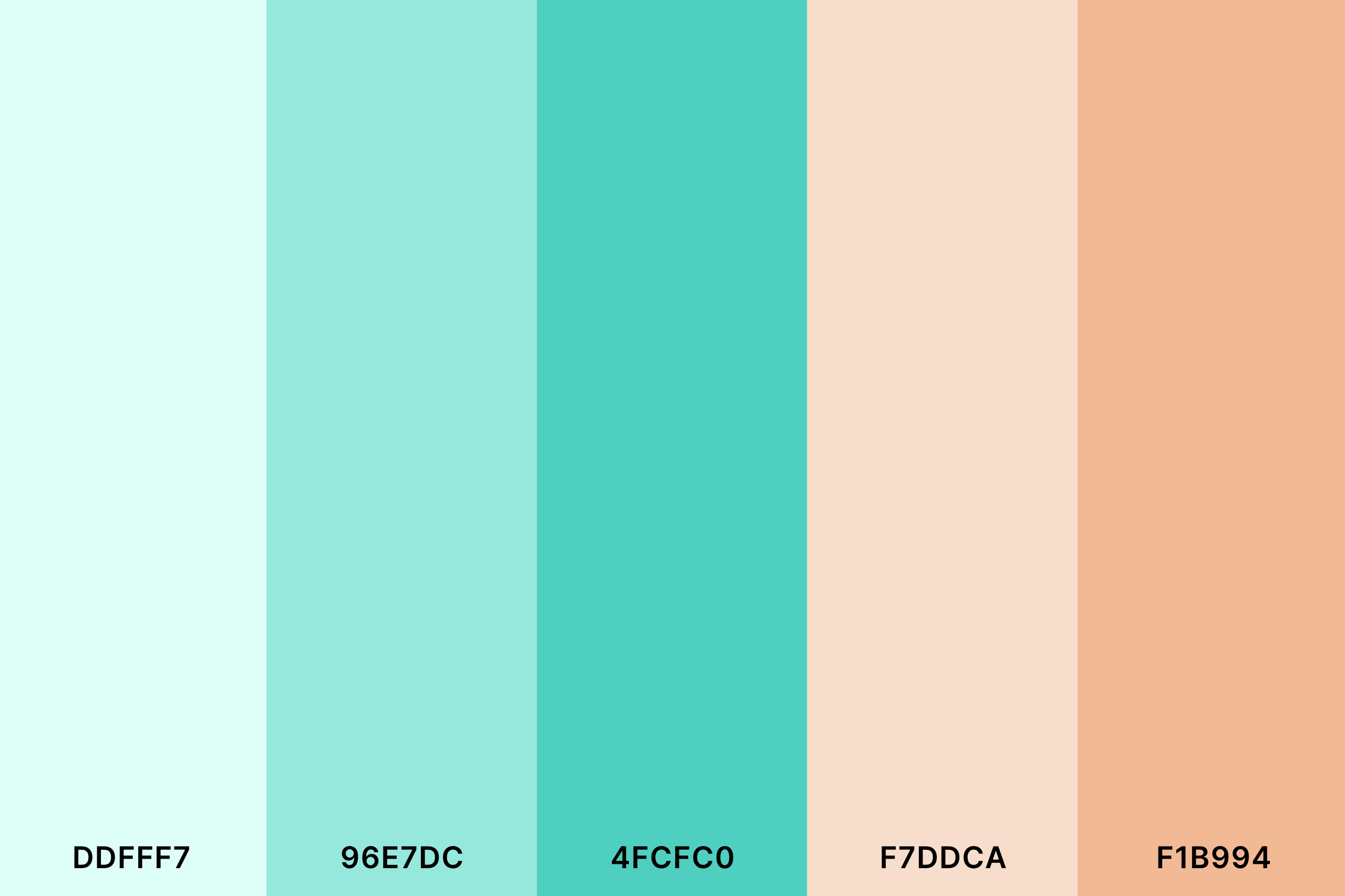 Peach and Mint Color Palette with Mint Green (Hex #DDFFF7) + Tiffany Blue (Hex #96E7DC) + Turquoise (Hex #4FCFC0) + Champagne Pink (Hex #F7DDCA) + Peach (Hex #F1B994) Color Palette with Hex Codes