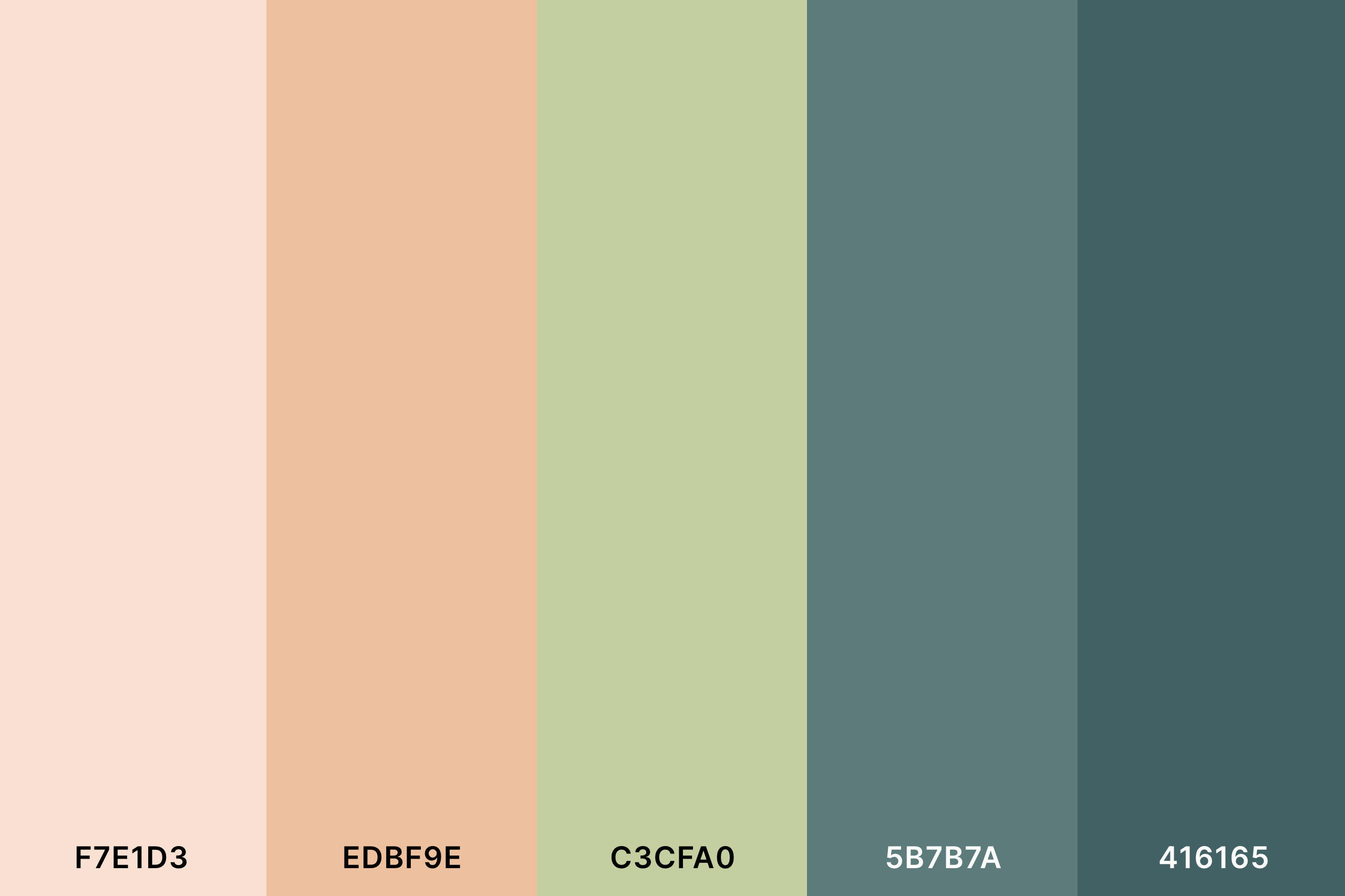 Peach and Sage Color Palette with Champagne Pink (Hex #F7E1D3) + Desert Sand (Hex #EDBF9E) + Sage (Hex #C3CFA0) + Hooker'S Green (Hex #5B7B7A) + Dark Slate Gray (Hex #416165) Color Palette with Hex Codes