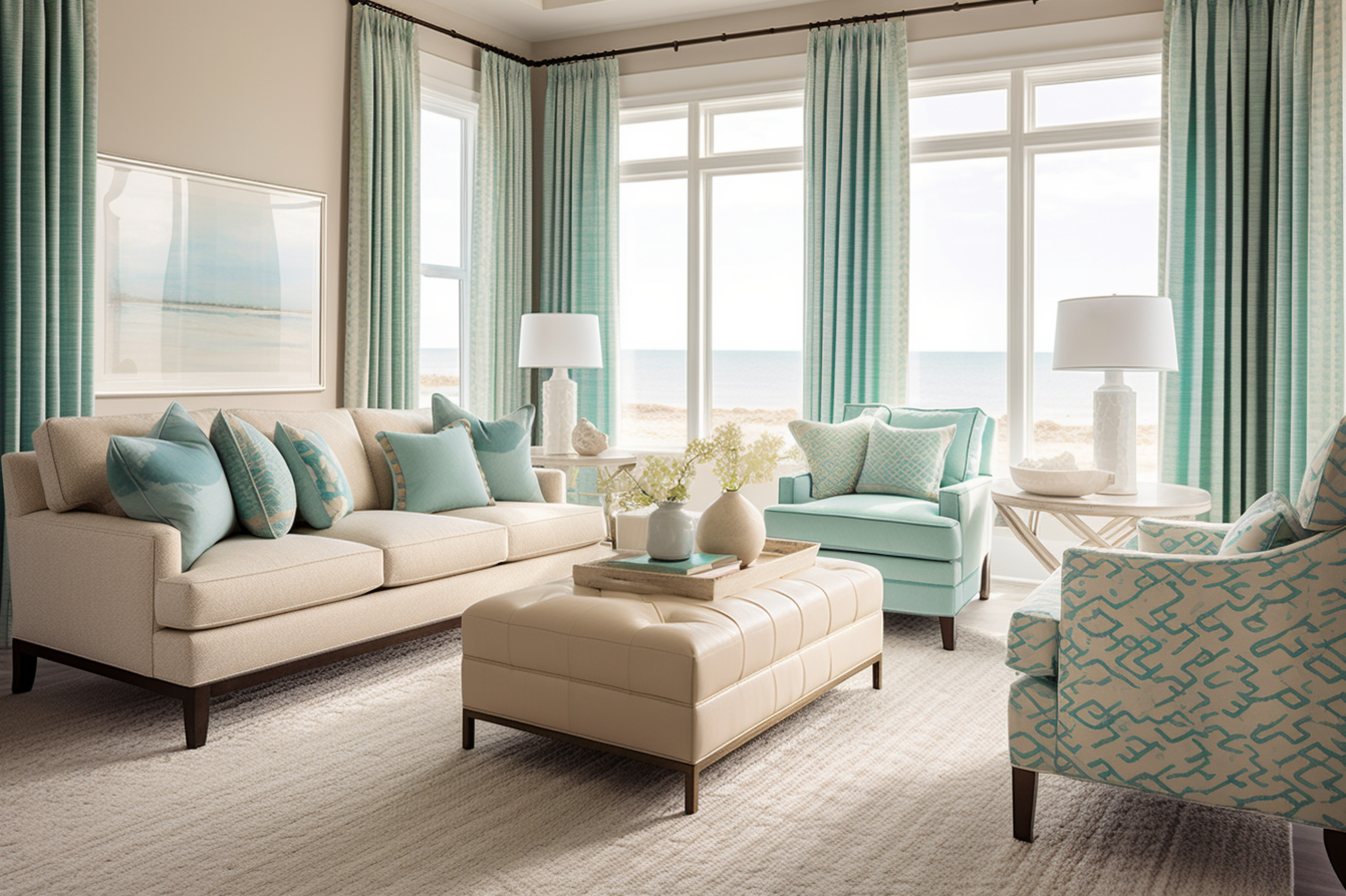 Photo of a beach-inspired living room with light beige furniture and turquoise accents in cushions and rugs.