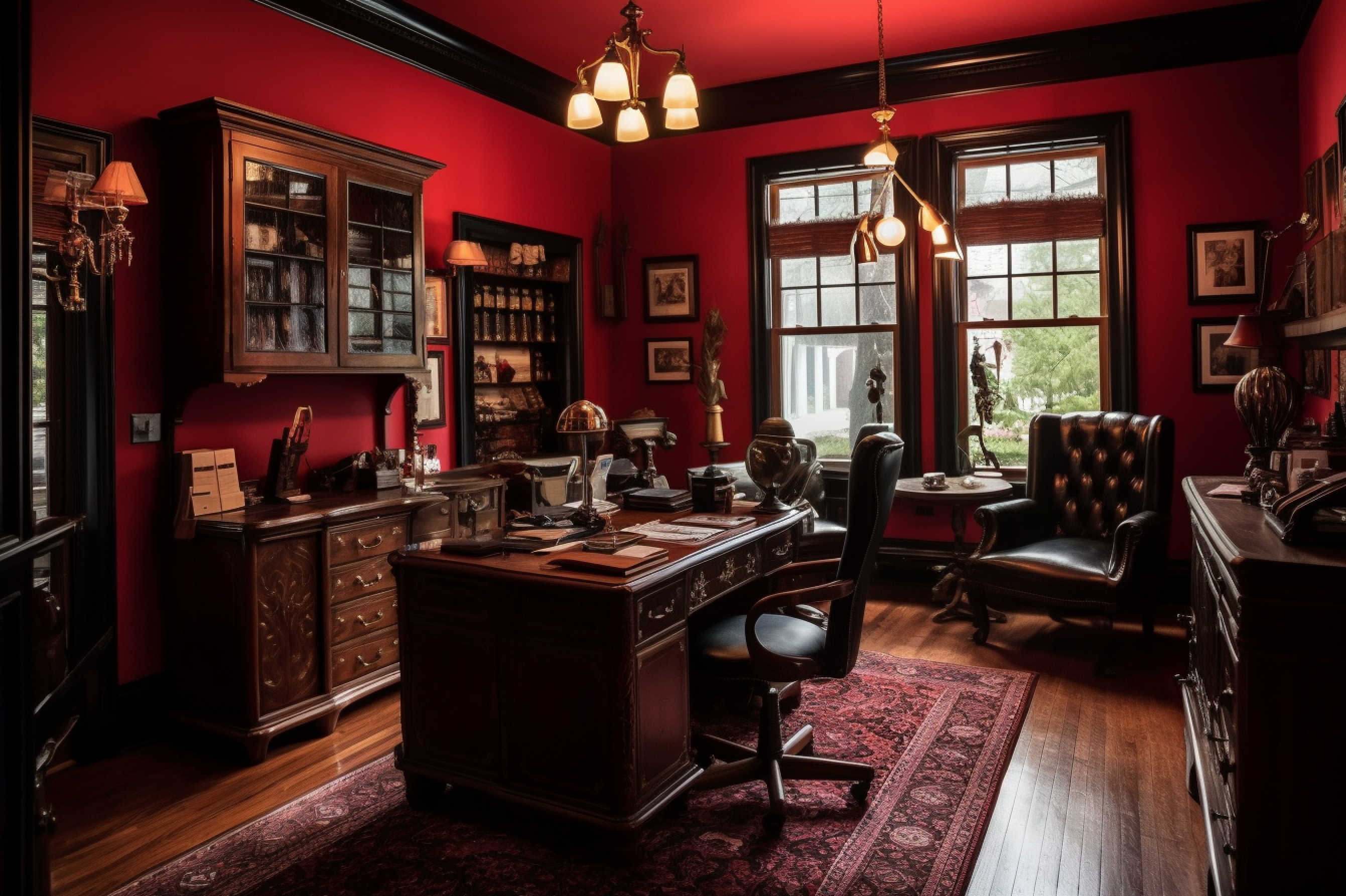 Photo of a home office with a mahogany desk and bookshelves against vibrant scarlet red walls.