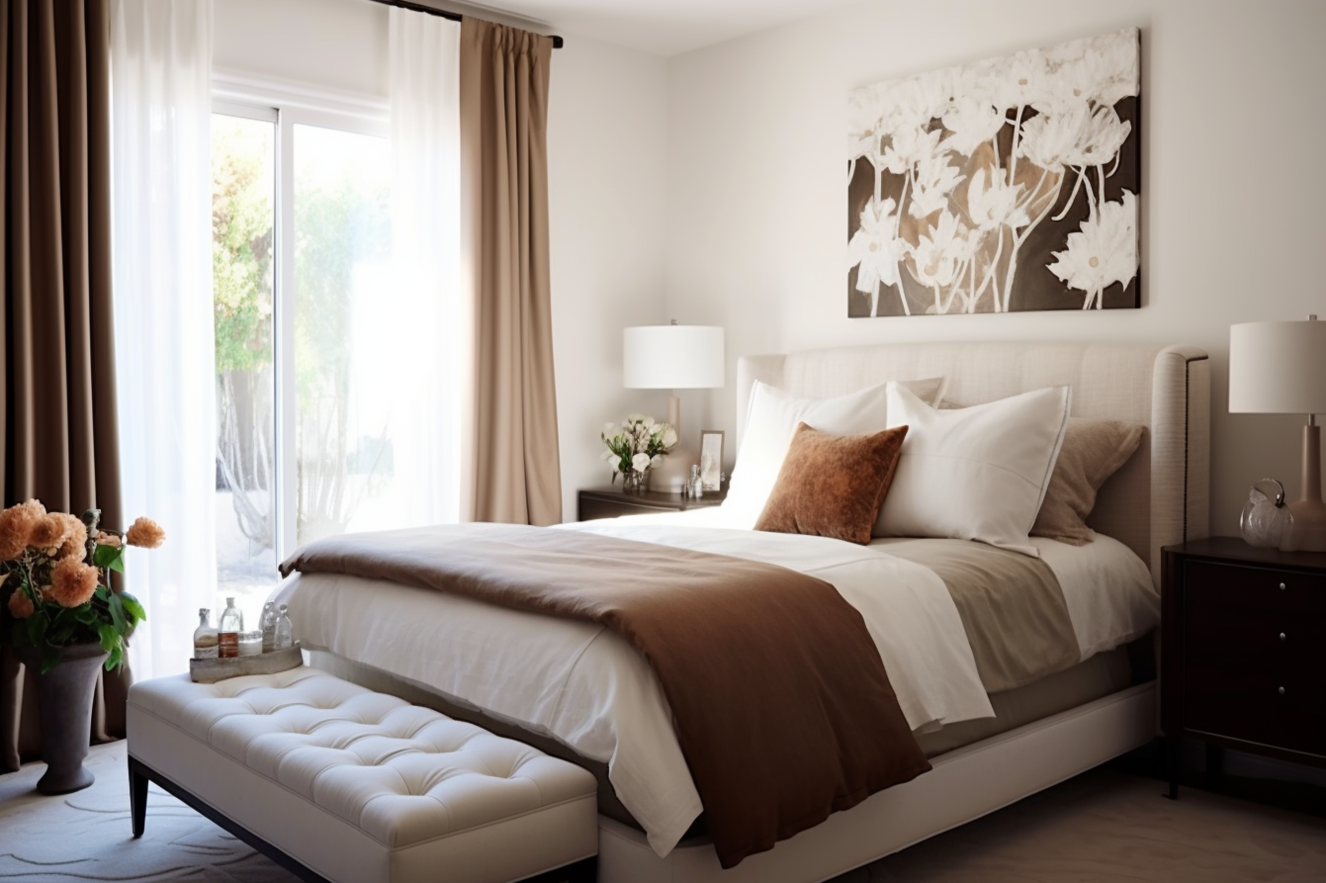 Photo of a master bedroom with a coffee brown upholstered bed, cream white walls, and matching bed linens.