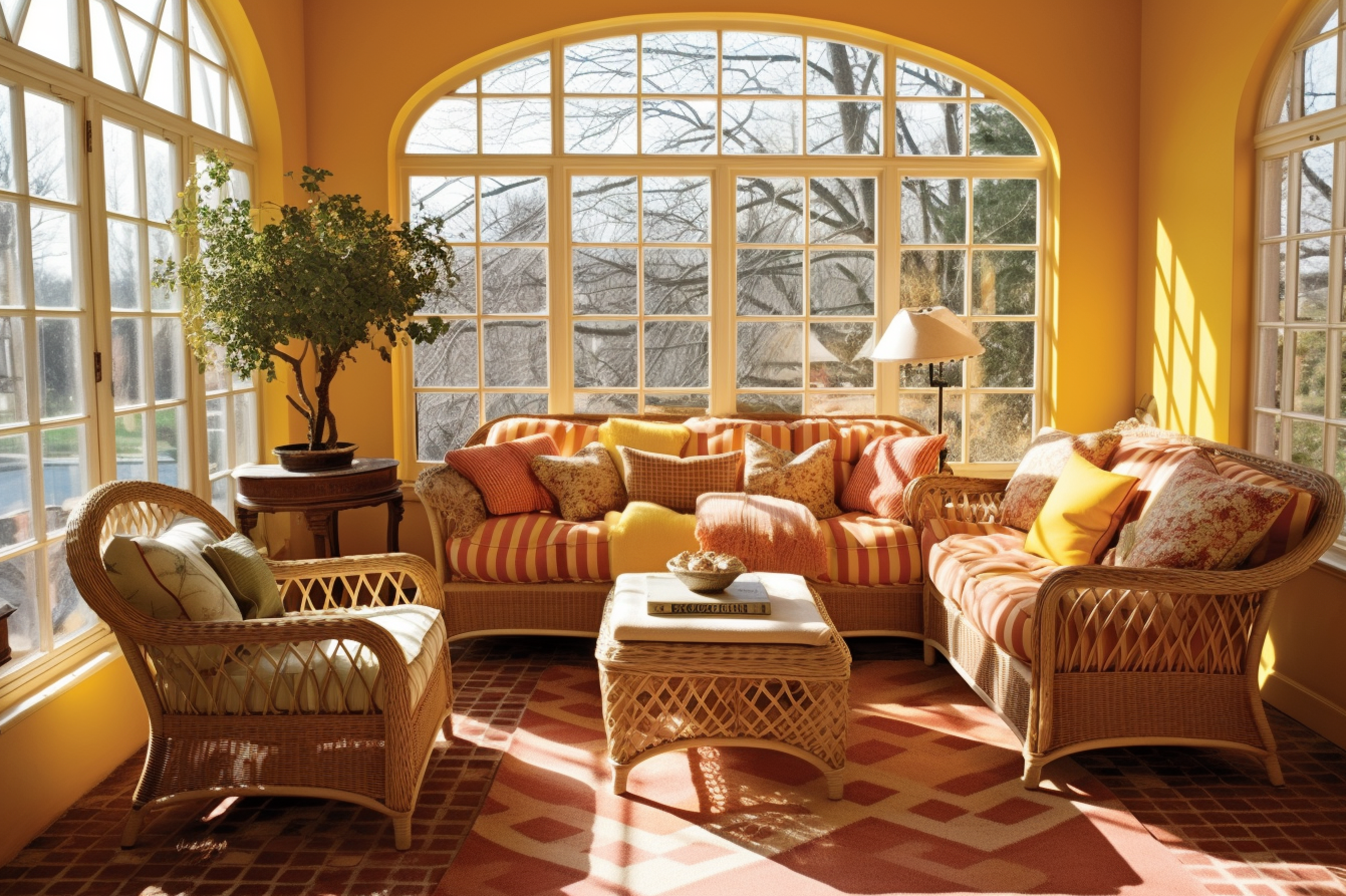Picture of a bright sunroom with warm umber brown wicker furniture against sunflower yellow painted walls.