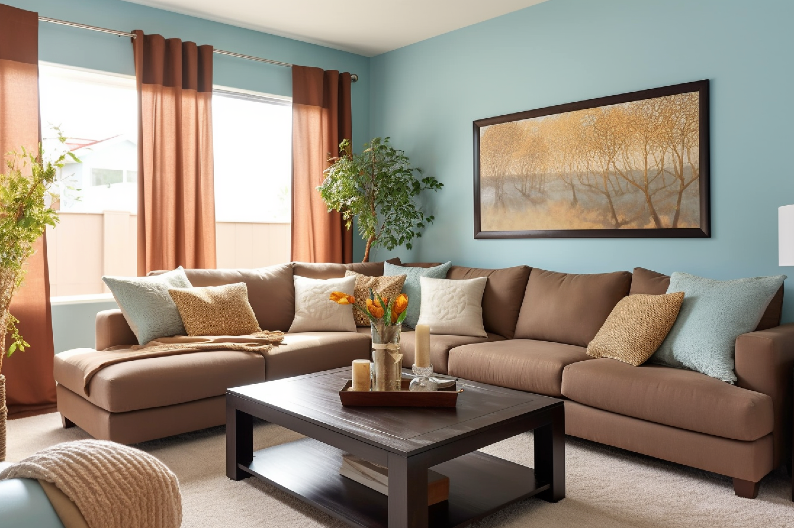 Picture of a living room with a mocha brown sectional sofa set against sky blue painted walls, adorned with brown and blue accessories.