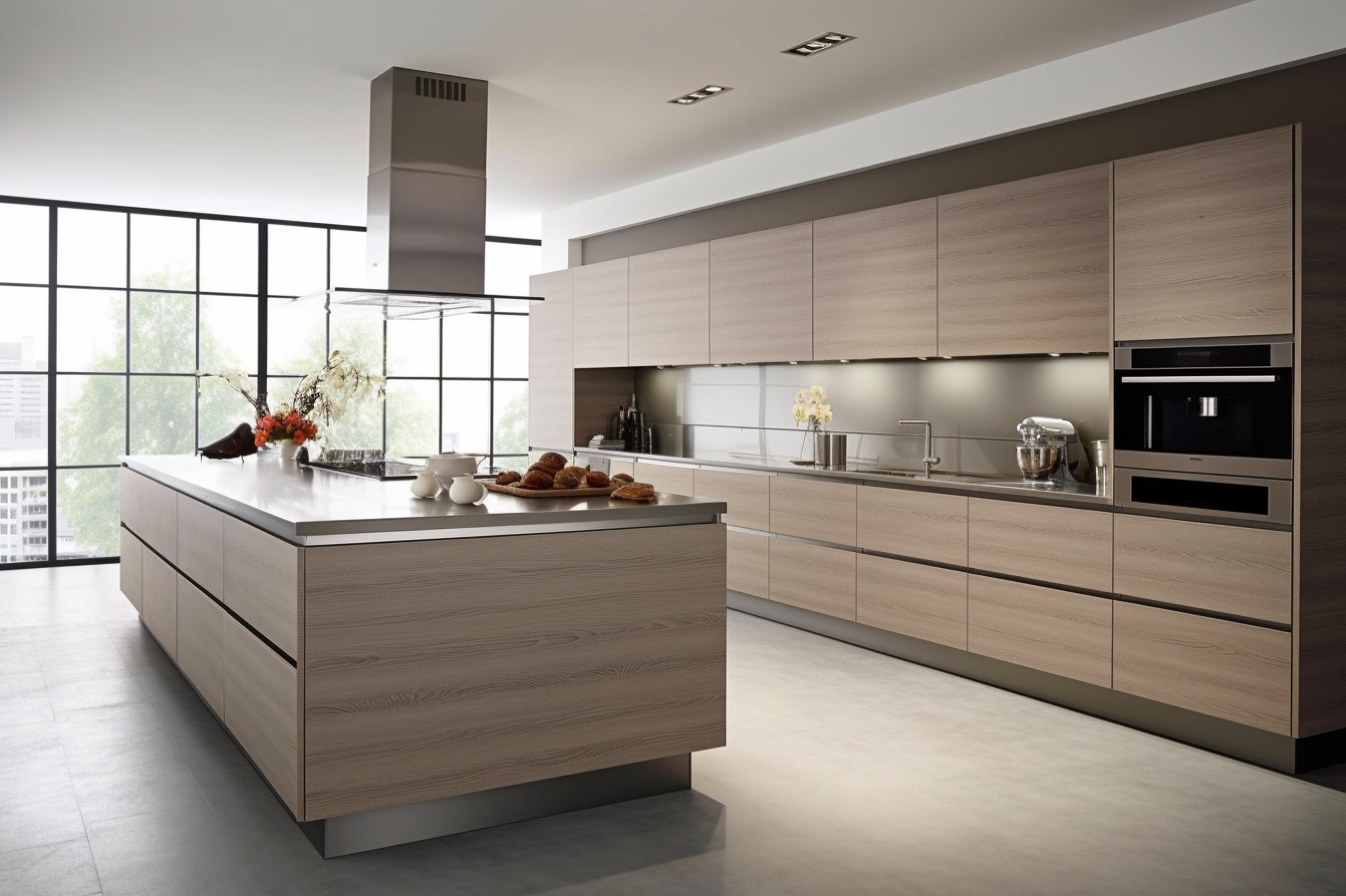 Picture showcasing a minimalist kitchen design with cool sepia cabinets contrasted by silver grey appliances.