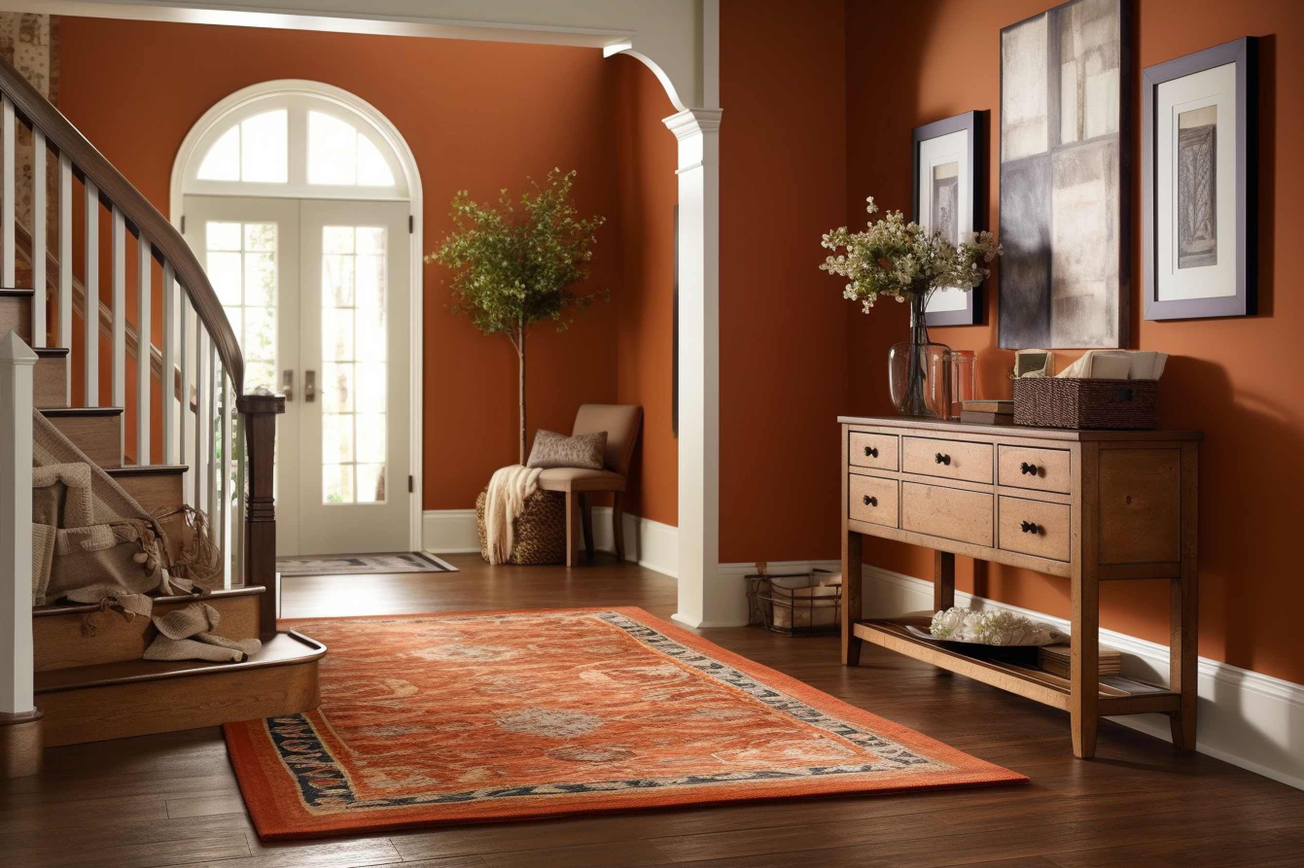 Picture showcasing a rustic entryway with hazel brown wooden furniture and a burnt sienna area rug.