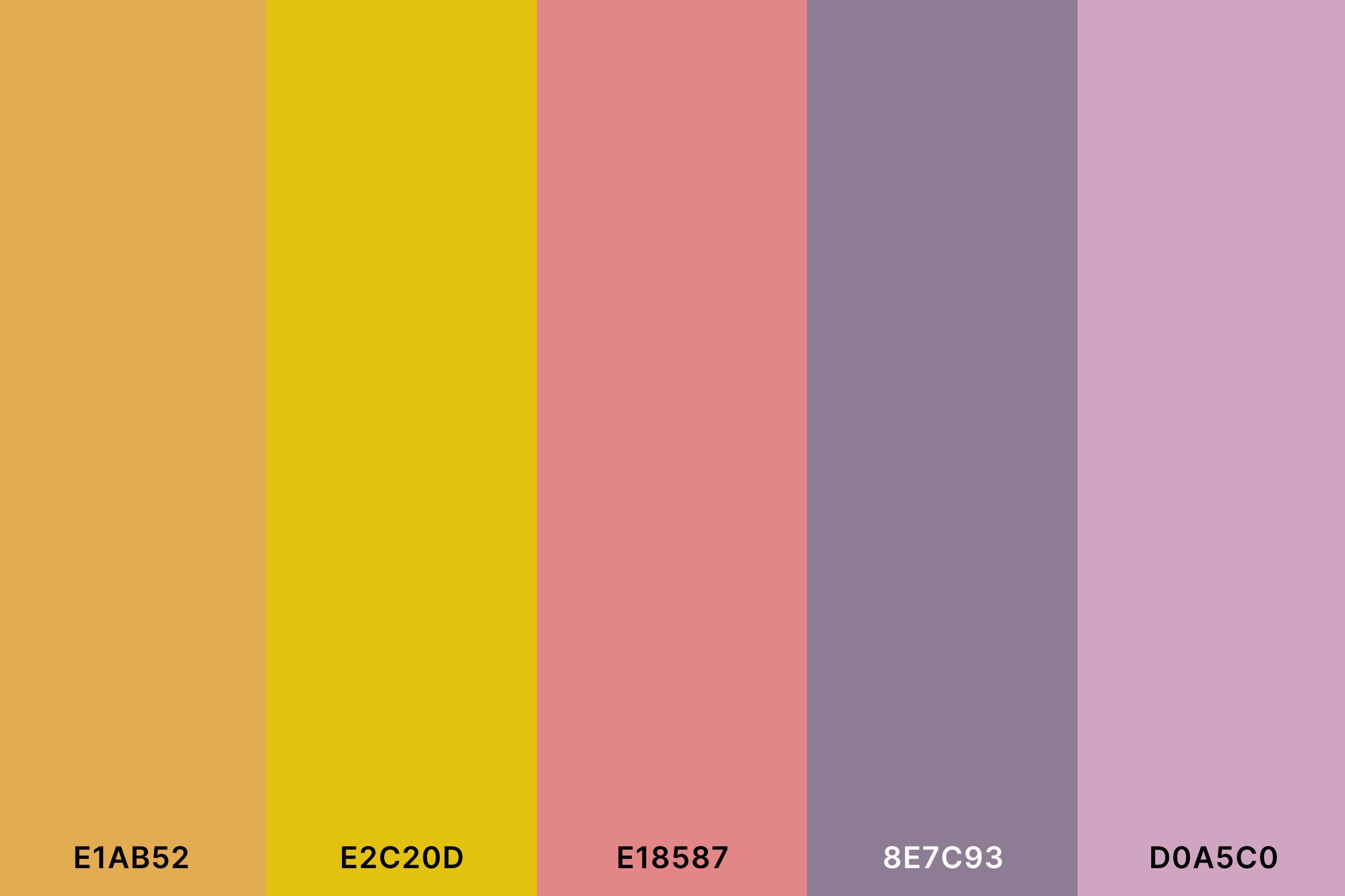 Pink, Gold and Peach Color Palette with Hunyadi Yellow (Hex #E1AB52) + Gold (Hex #E2C20D) + Light Coral (Hex #E18587) + Mountbatten Pink (Hex #8E7C93) + Pink Lavender (Hex #D0A5C0) Color Palette with Hex Codes