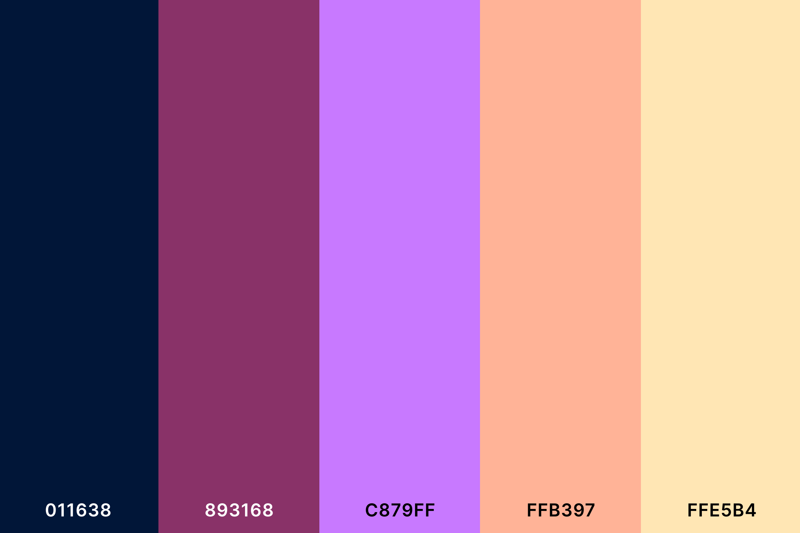 Purple and Peach Color Palette with Oxford Blue (Hex #011638) + Byzantium (Hex #893168) + Heliotrope (Hex #C879FF) + Melon (Hex #FFB397) + Peach (Hex #FFE5B4) Color Palette with Hex Codes