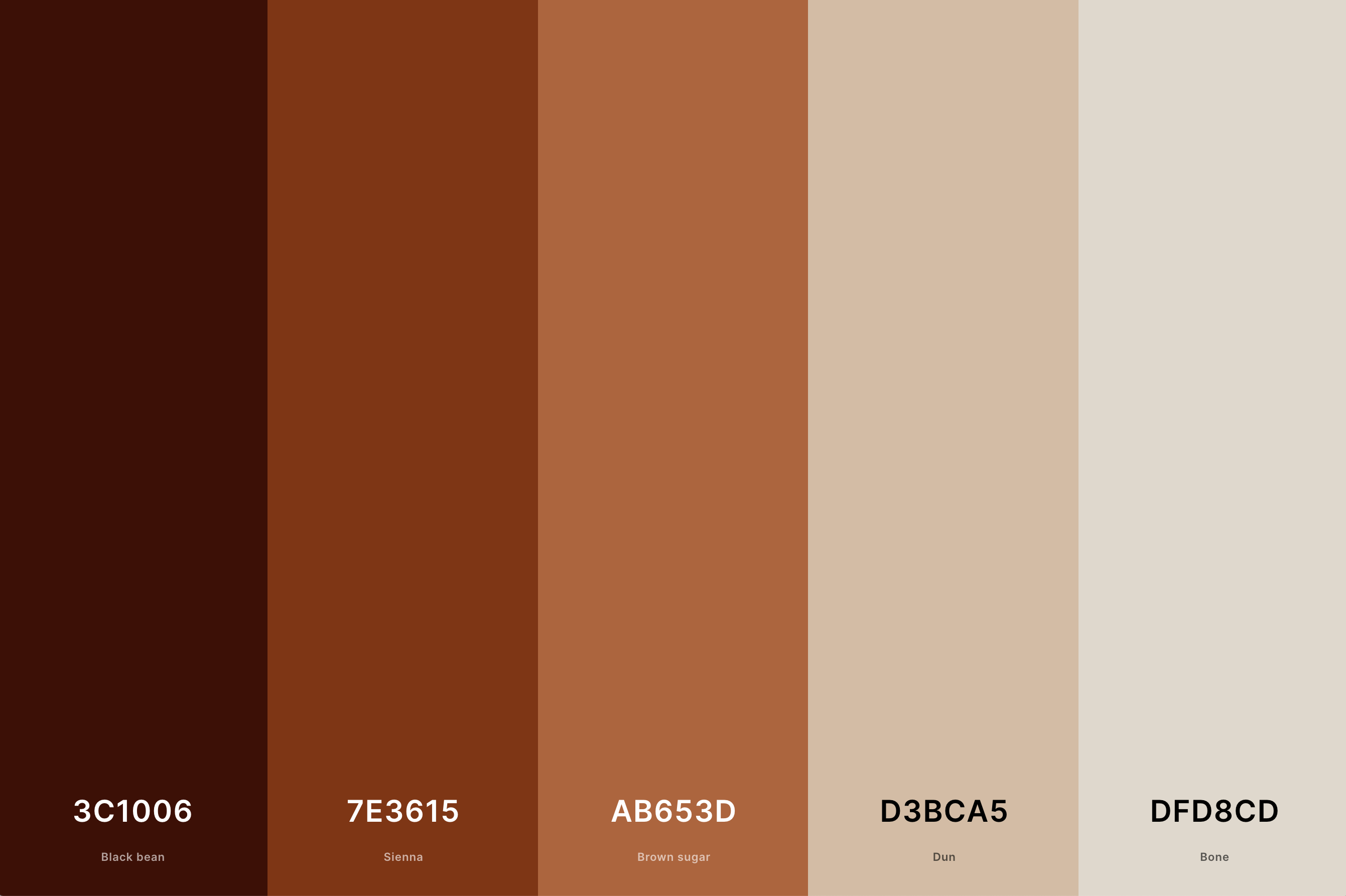 Reddish Brown Color Palette Color Palette with Black Bean (Hex #3C1006) + Sienna (Hex #7E3615) + Brown Sugar (Hex #AB653D) + Dun (Hex #D3BCA5) + Bone (Hex #DFD8CD) Color Palette with Hex Codes