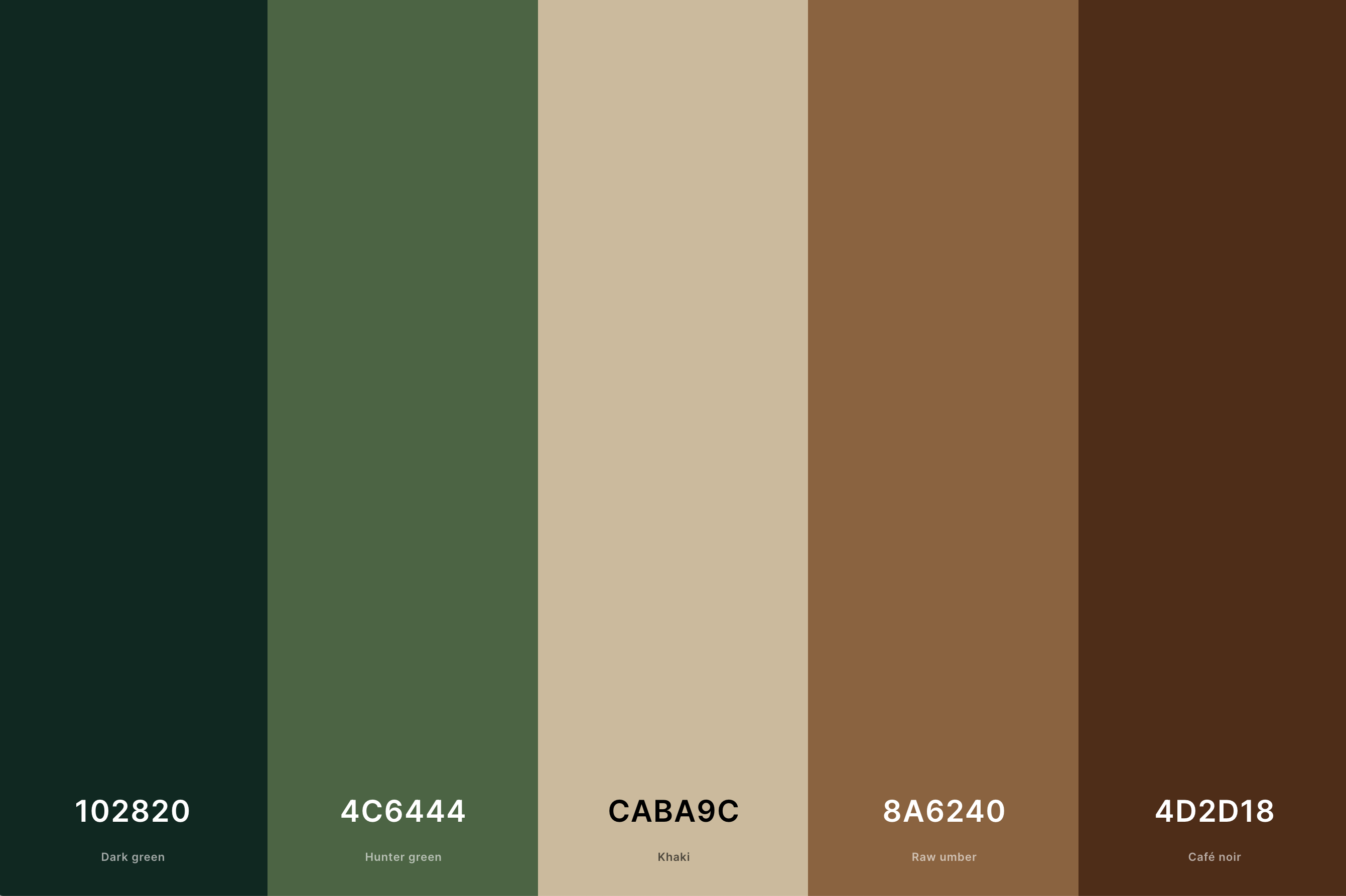 Rustic Brown & Green Color Palette Color Palette with Dark Green (Hex #102820) + Hunter Green (Hex #4C6444) + Khaki (Hex #CABA9C) + Raw Umber (Hex #8A6240) + Café Noir (Hex #4D2D18) Color Palette with Hex Codes
