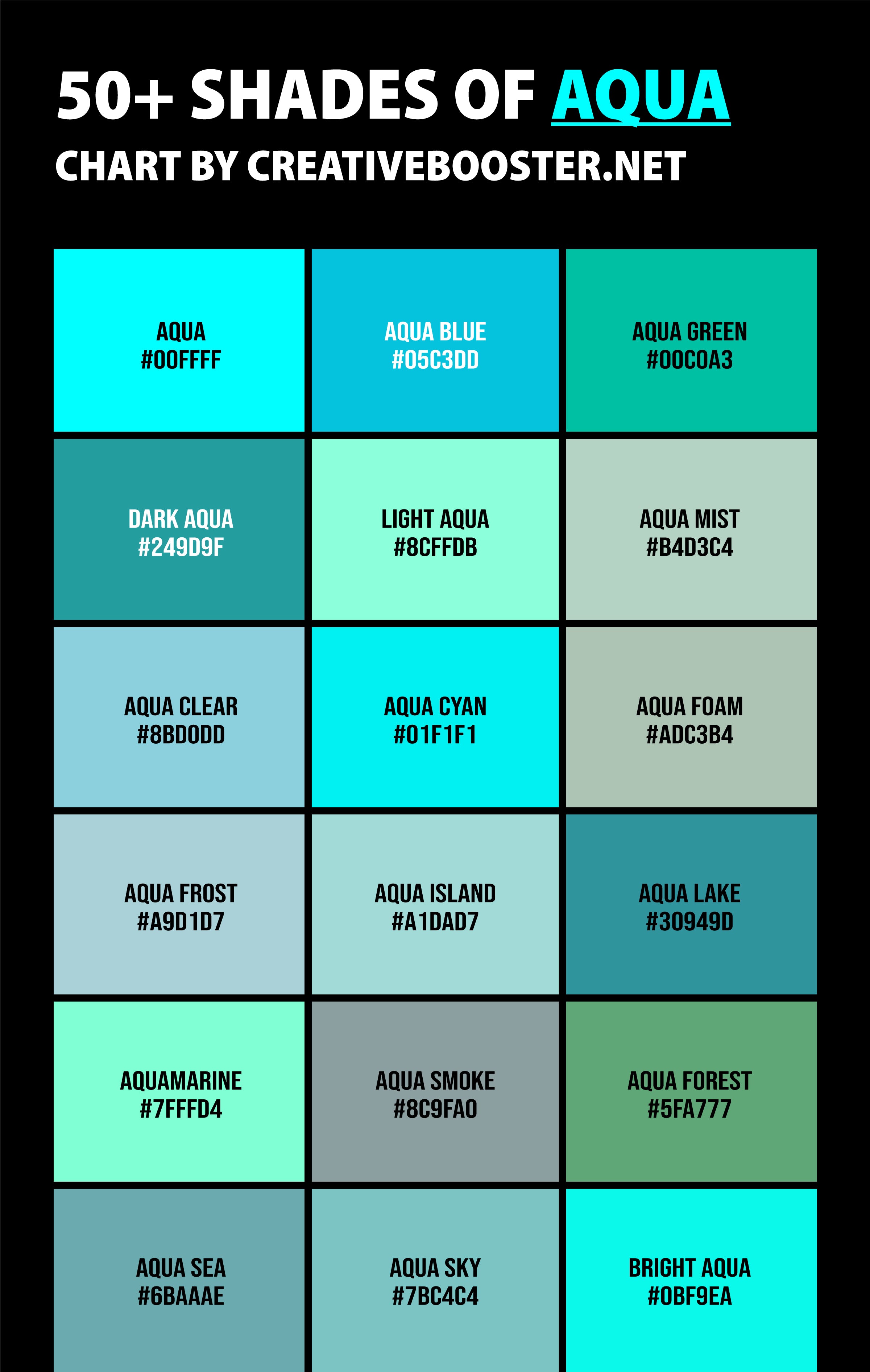 50+ Shades of Aqua Color (Names, HEX, RGB, & CMYK Codes) – CreativeBooster