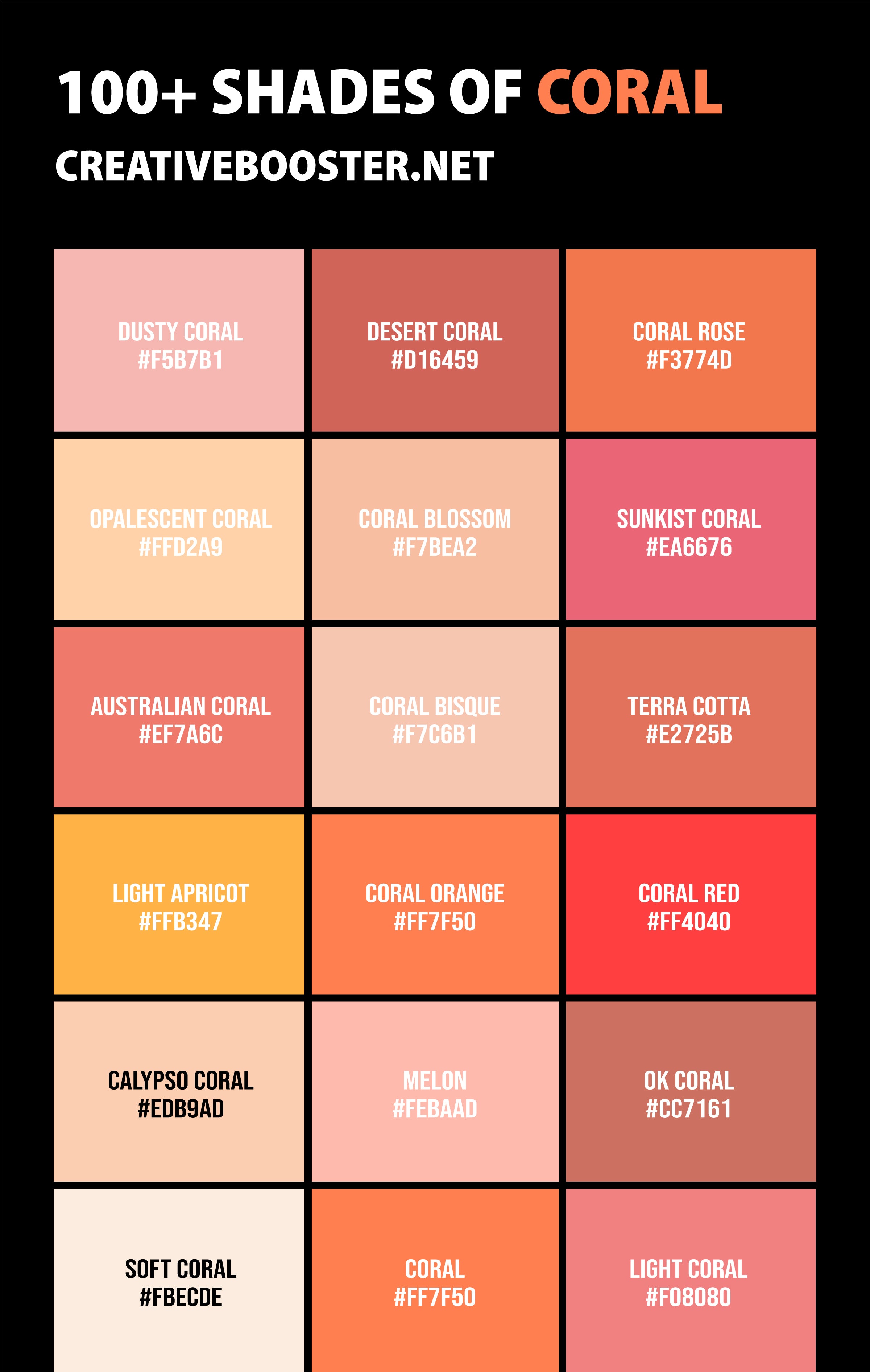 100 Shades Of Coral Color Names Hex Rgb And Cmyk Codes Creativebooster