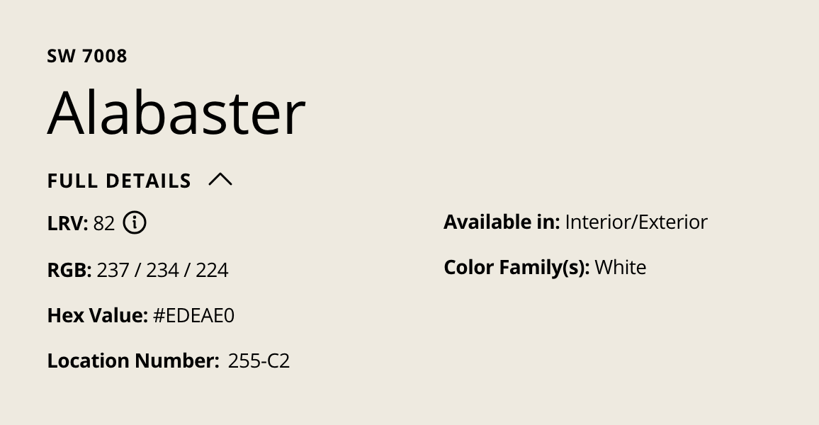 Sherwin Williamas Alabaster SW 7008 Color Codes Hex LRV and RGB