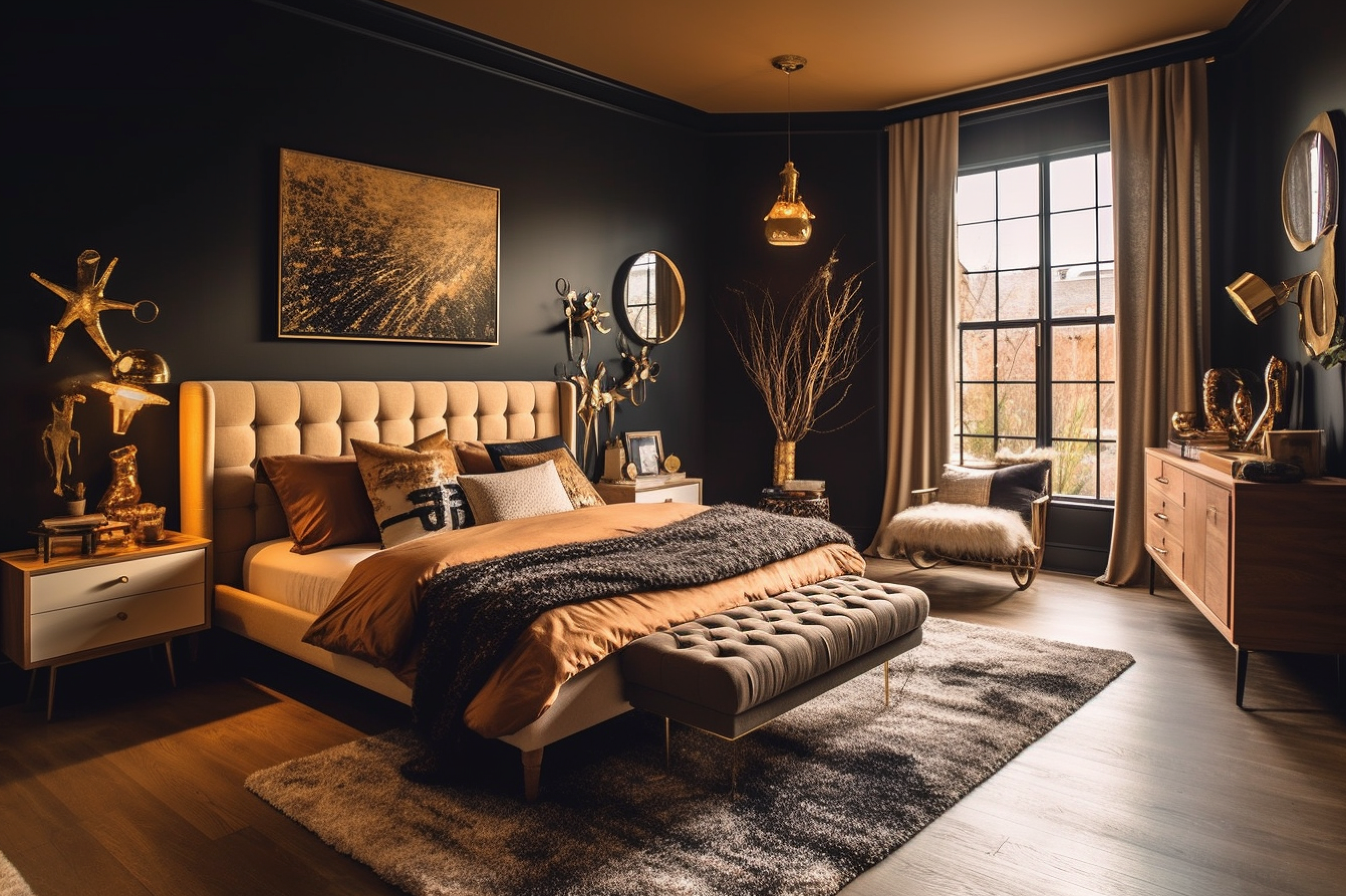 Snapshot of a chic bedroom featuring a golden brown upholstered bed against black tie painted walls.