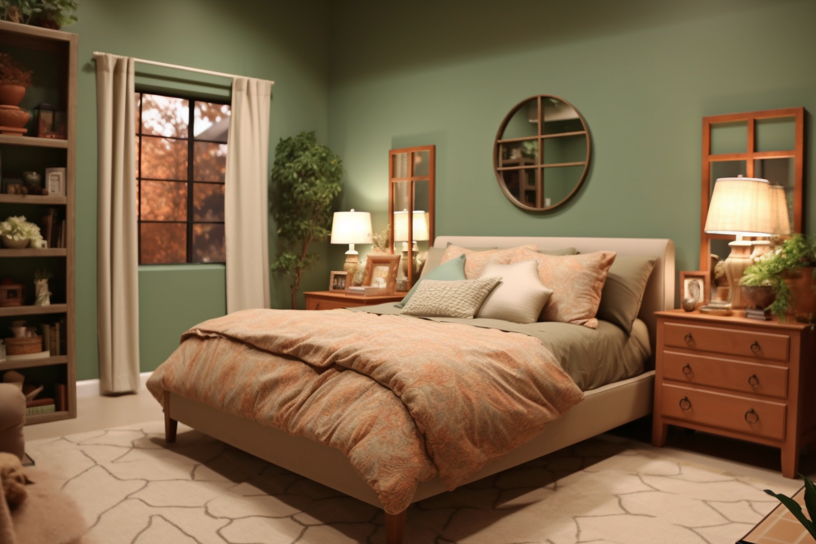 Snapshot of a cozy bedroom with sienna brown bedding against calming sage green walls.
