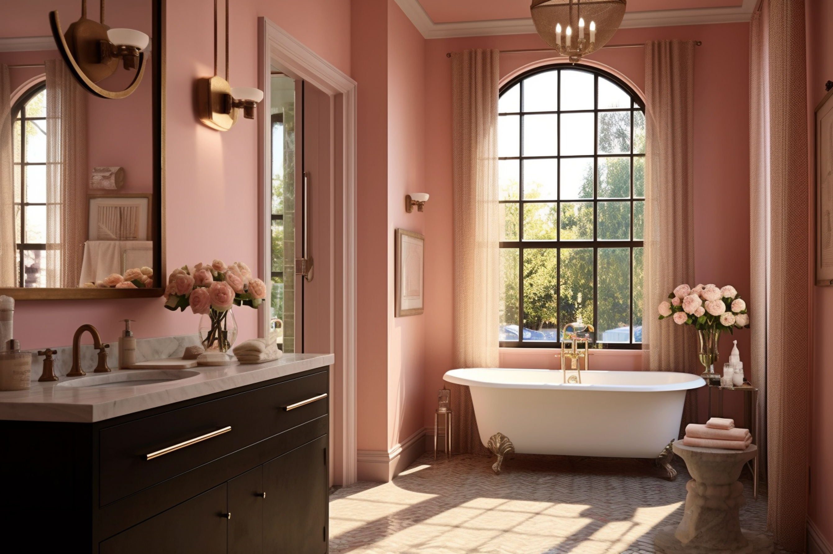 Snapshot of a glamorous bathroom featuring a dark brown vanity and pastel pink painted walls.