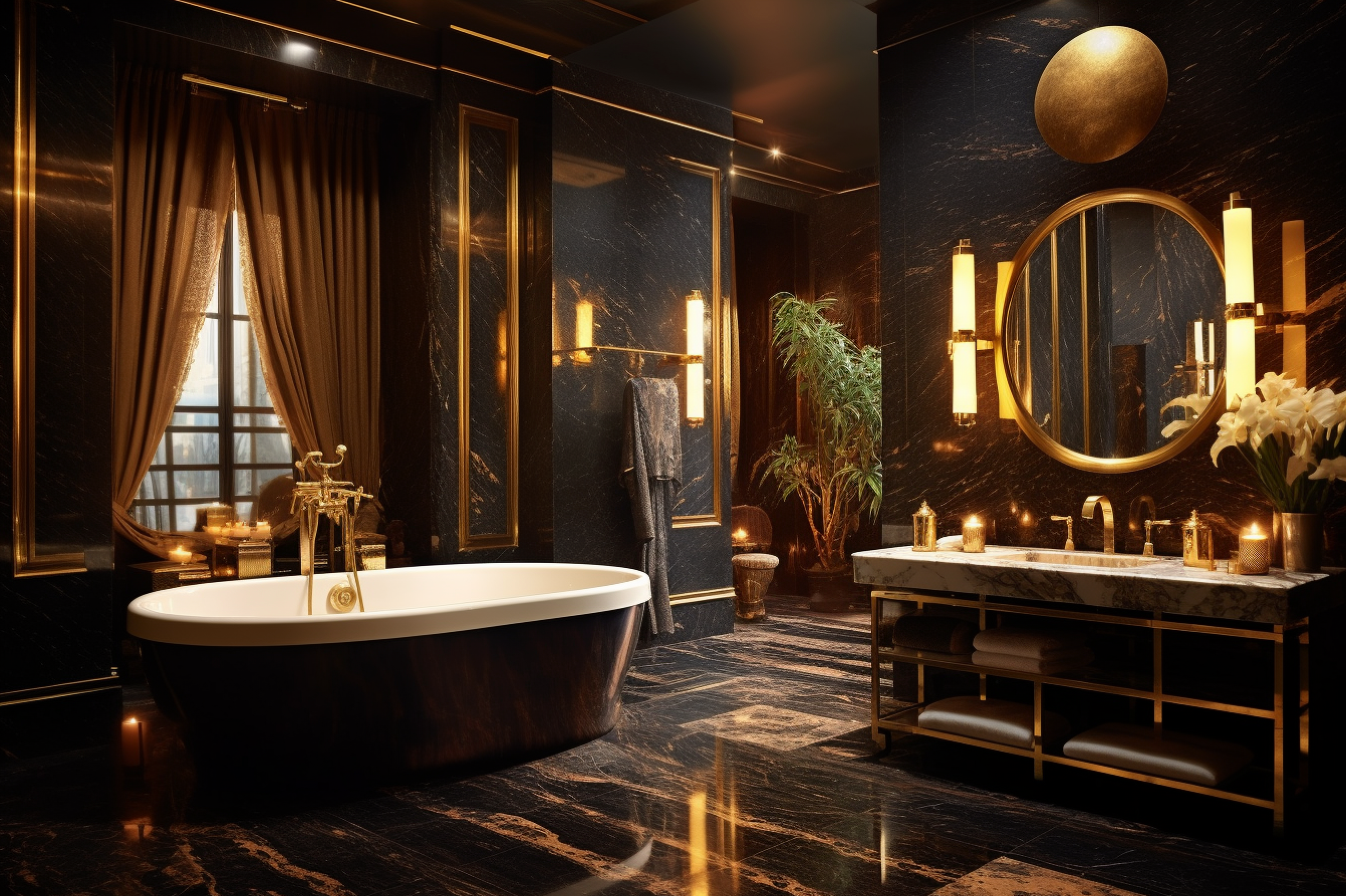 Snapshot of a luxurious bathroom with chocolate brown marbled walls and gold dust fixtures.