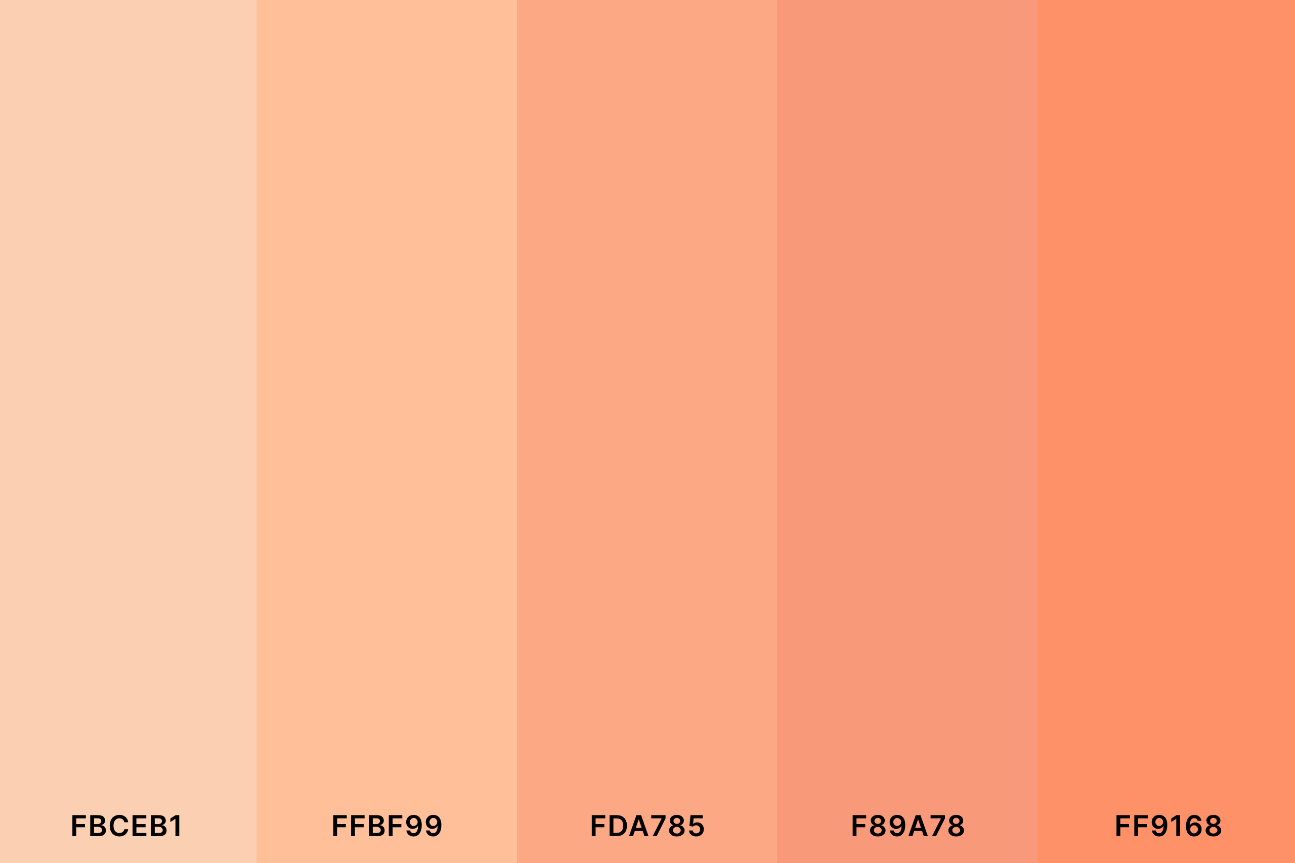 Soft Peach Color Palette with Apricot (Hex #FBCEB1) + Peach (Hex #FFBF99) + Atomic Tangerine (Hex #FDA785) + Atomic Tangerine (Hex #F89A78) + Atomic Tangerine (Hex #FF9168) Color Palette with Hex Codes