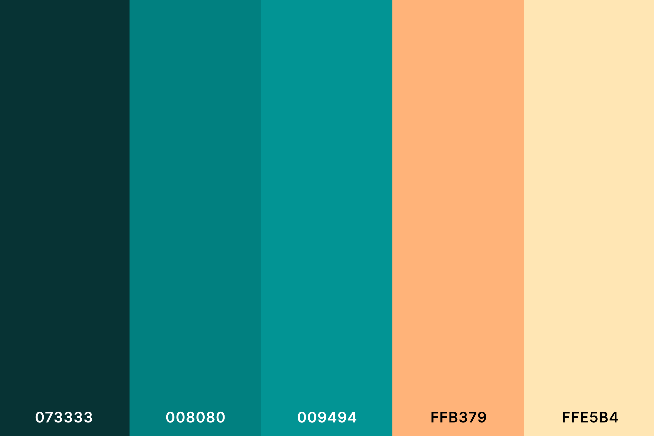 Teal and Peach Color Palette with Midnight Green (Hex #073333) + Teal (Hex #008080) + Dark Cyan (Hex #009494) + Sandy Brown (Hex #FFB379) + Peach (Hex #FFE5B4) Color Palette with Hex Codes