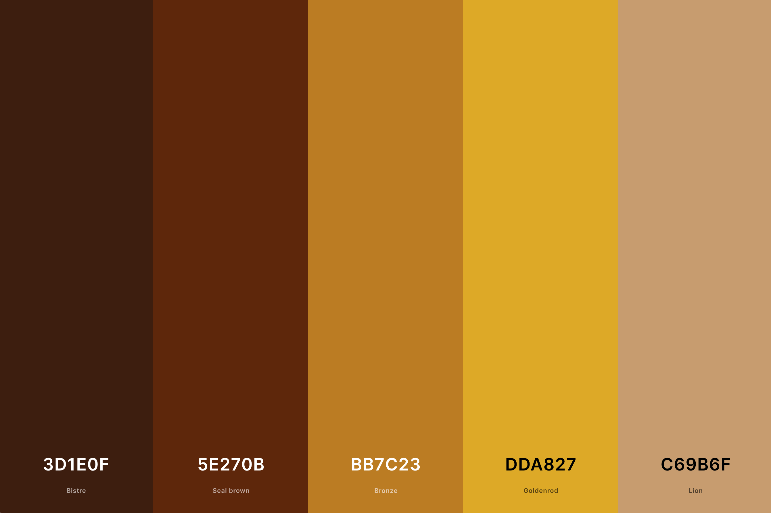 Warm Brown & Yellow Color Palette Color Palette with Bistre (Hex #3D1E0F) + Seal Brown (Hex #5E270B) + Bronze (Hex #BB7C23) + Goldenrod (Hex #DDA827) + Lion (Hex #C69B6F) Color Palette with Hex Codes