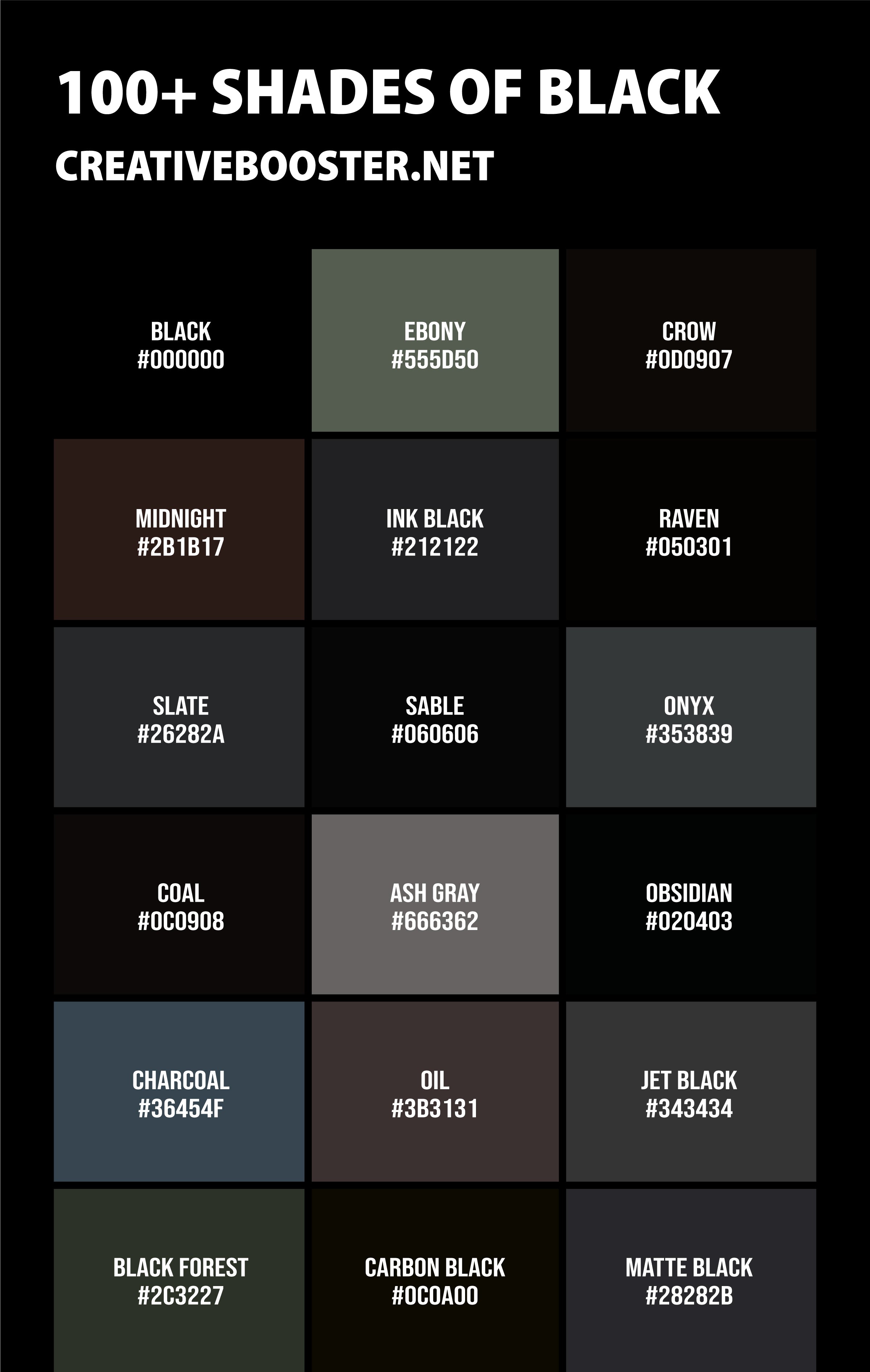 100+ Shades of Black Color (Names, HEX, RGB, & CMYK Codes