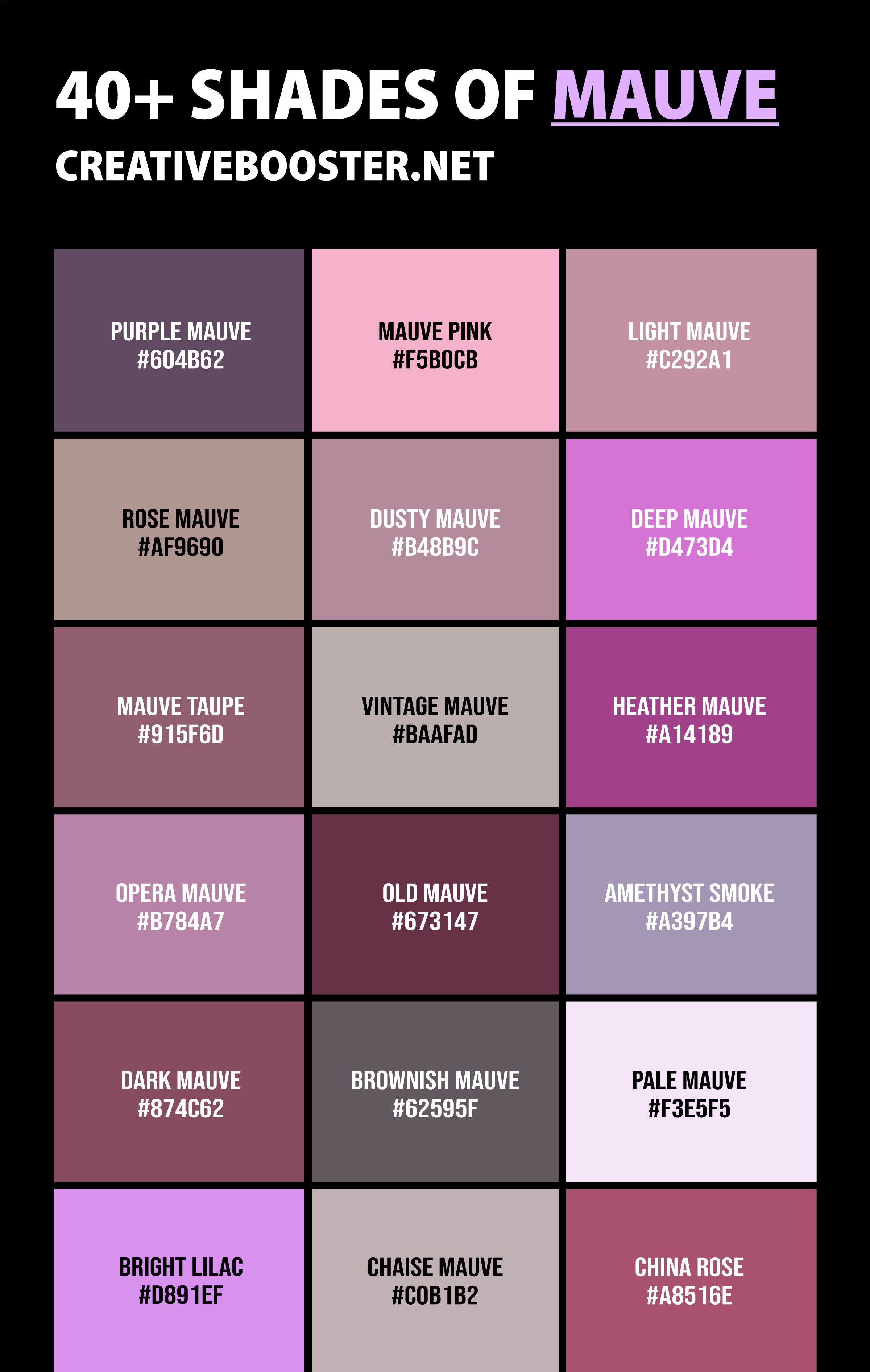 40 Shades Of Mauve Color Names Hex Rgb And Cmyk Codes Creativebooster