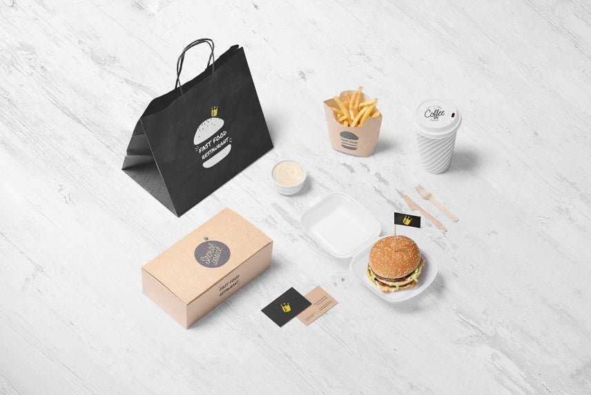 Free Burger Store Branding Mockup with Coffee and French Fries - CreativeBooster