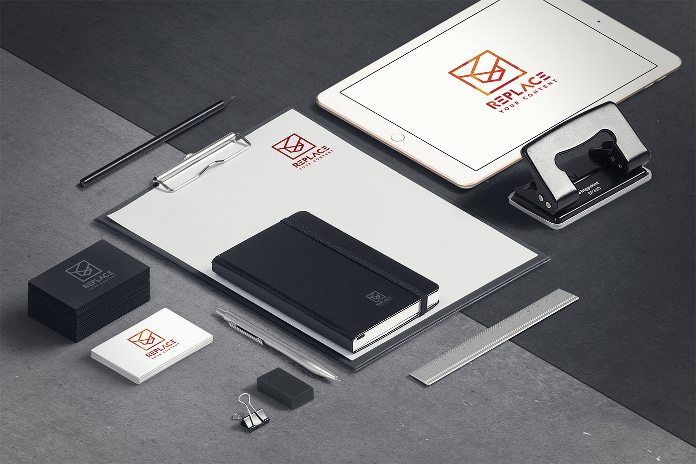 Download Free Isometric Stationery Mockup Scenes Including Macbook Pro Notebo Creativebooster PSD Mockup Templates