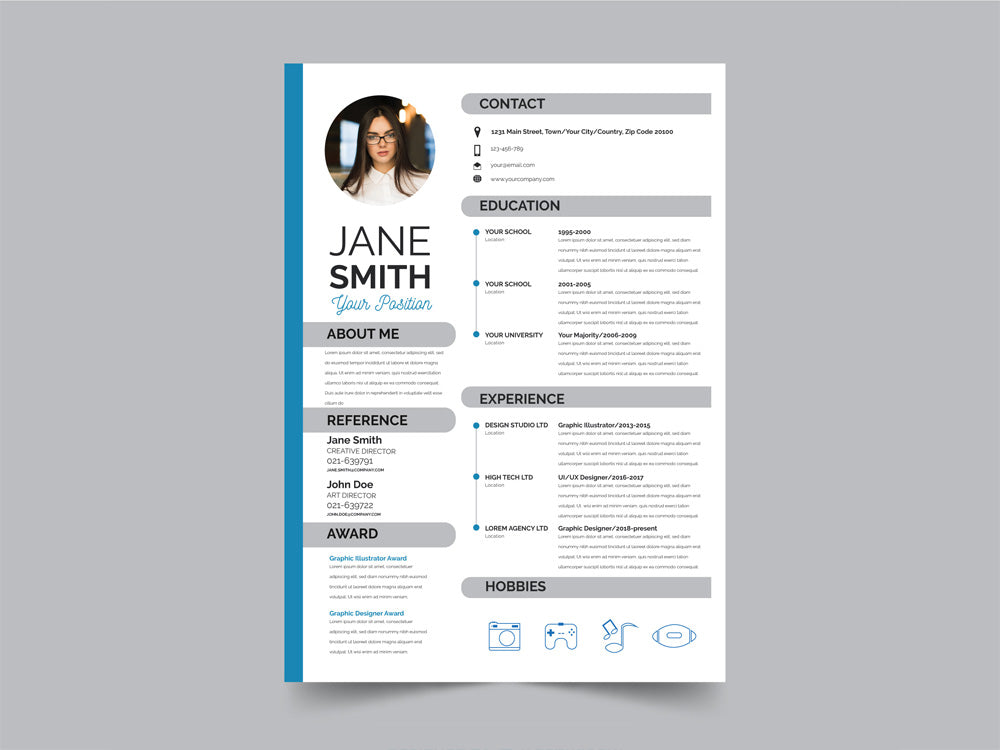 Free Modern Resume CV Template with Flat Style Design in Illustrator