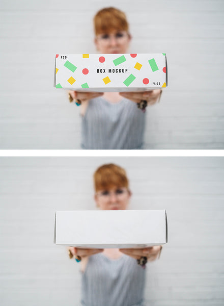 Download Free Woman Holding a Delivery Box (PSD Mockup ...